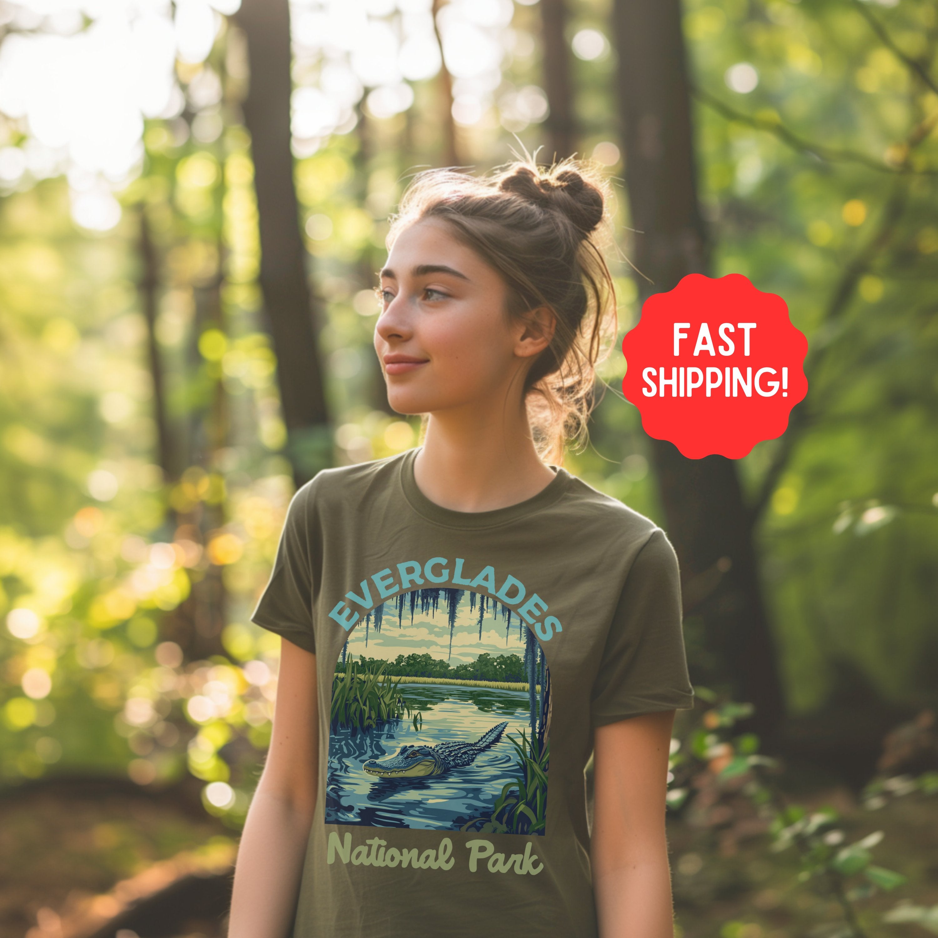 Retro Everglades, FL National Parks Shirt, Hiking Gift Mountain Tee Outdoor Lover Adventure Tshirt, Camping Gift - T-Shirt - Chromatic Safari - Moss - S