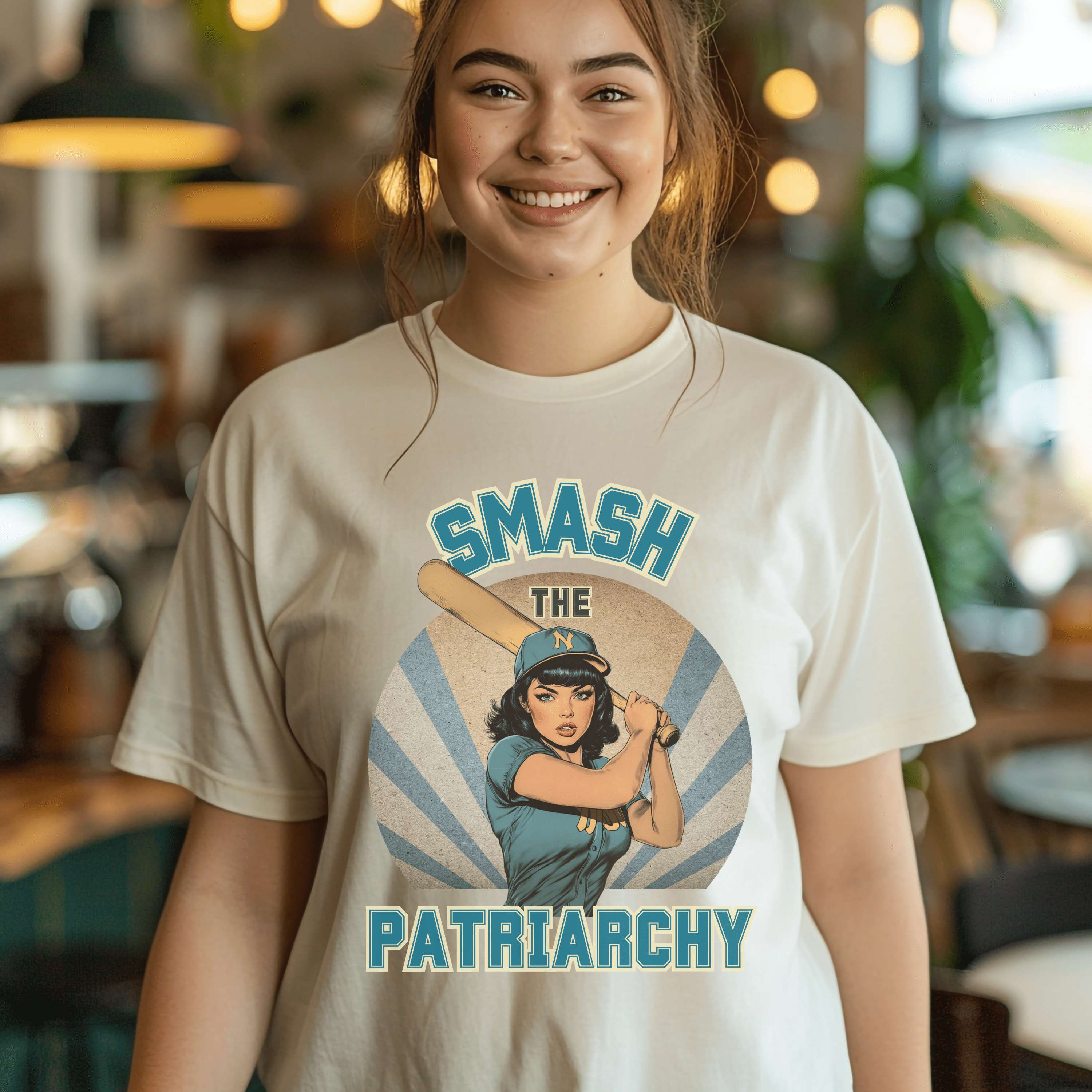 Retro Feminism Shirt, Smash The Patriarchy Baseball Gifts, Pin Up Women Rights Tee, Gift For Feminist - T-Shirt - Chromatic Safari - Ivory - S