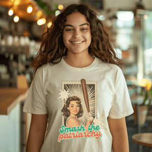 Retro Feminist Shirt, Smash The Patriarchy Tee, Vintage Pin UP Baseball Tee, Gift For Her or Friends - T-Shirt - Chromatic Safari - Ivory - S