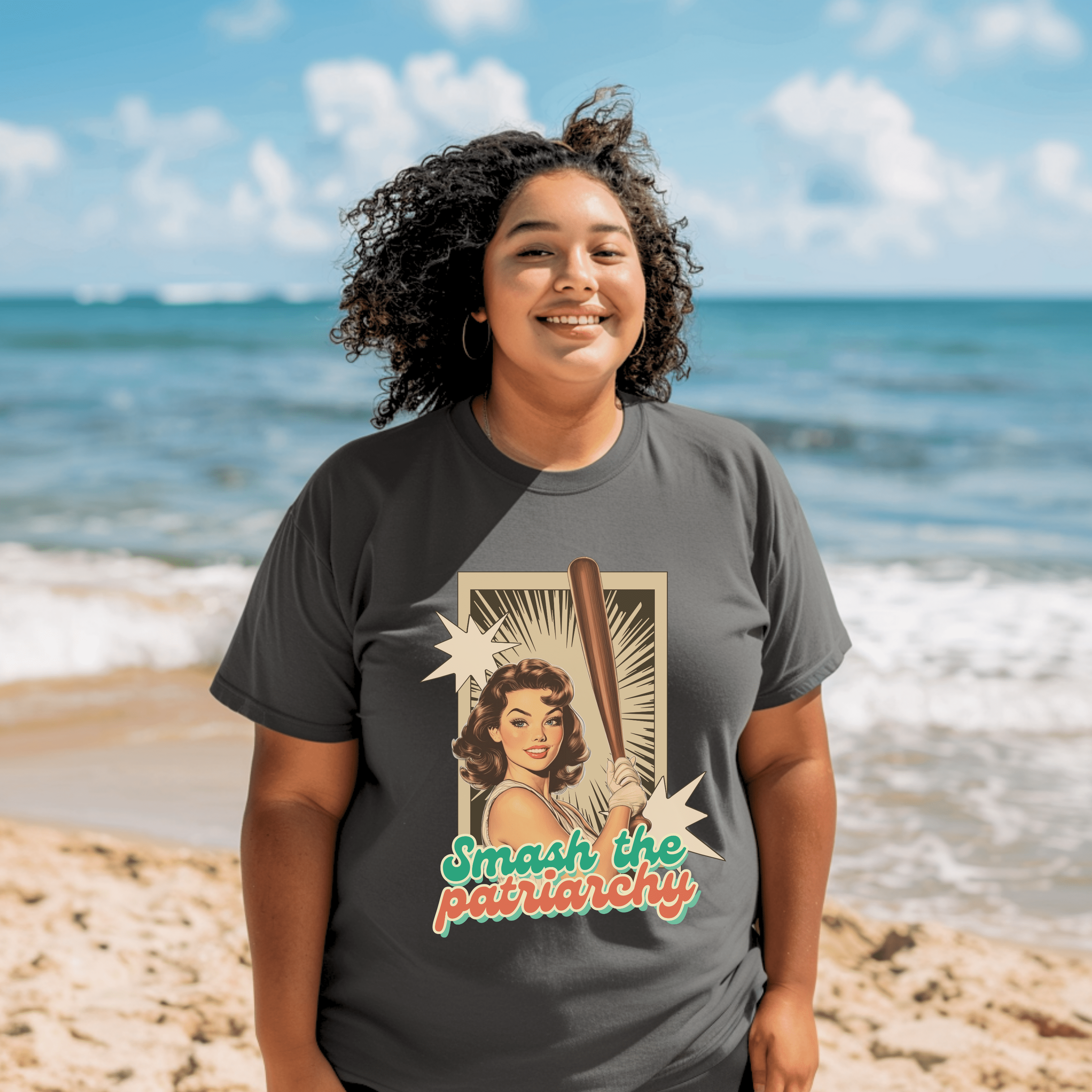 Retro Feminist Shirt, Smash The Patriarchy Tee, Vintage Pin UP Baseball Tee, Gift For Her or Friends - T-Shirt - Chromatic Safari - Pepper - S