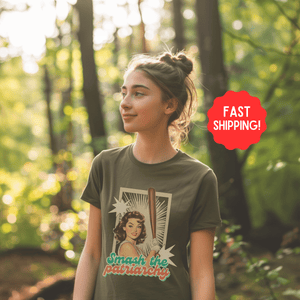 Retro Feminist Shirt, Smash The Patriarchy Tee, Vintage Pin UP Baseball Tee, Gift For Her or Friends - T-Shirt - Chromatic Safari - Moss - S