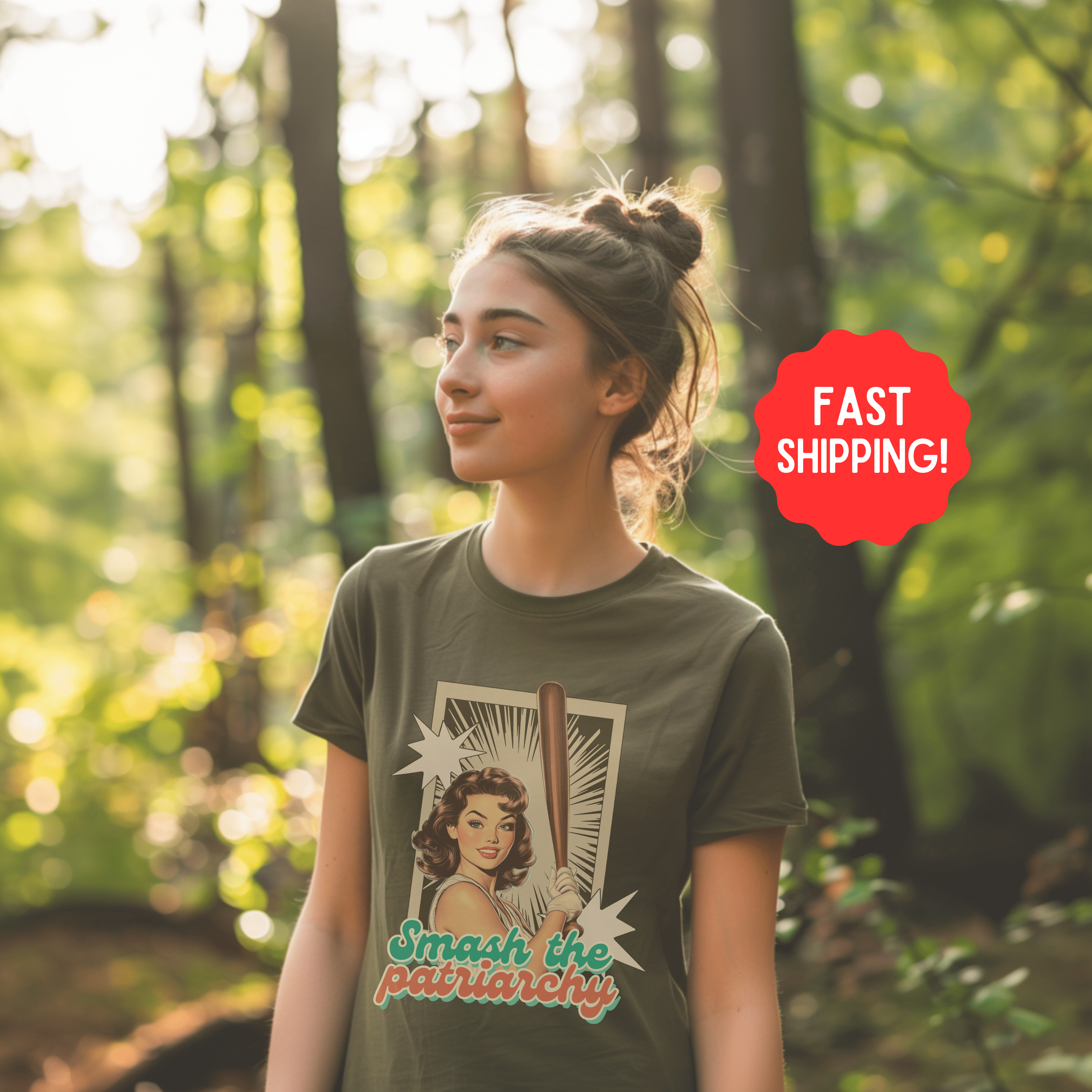 Retro Feminist Shirt, Smash The Patriarchy Tee, Vintage Pin UP Baseball Tee, Gift For Her or Friends - T-Shirt - Chromatic Safari - Moss - S