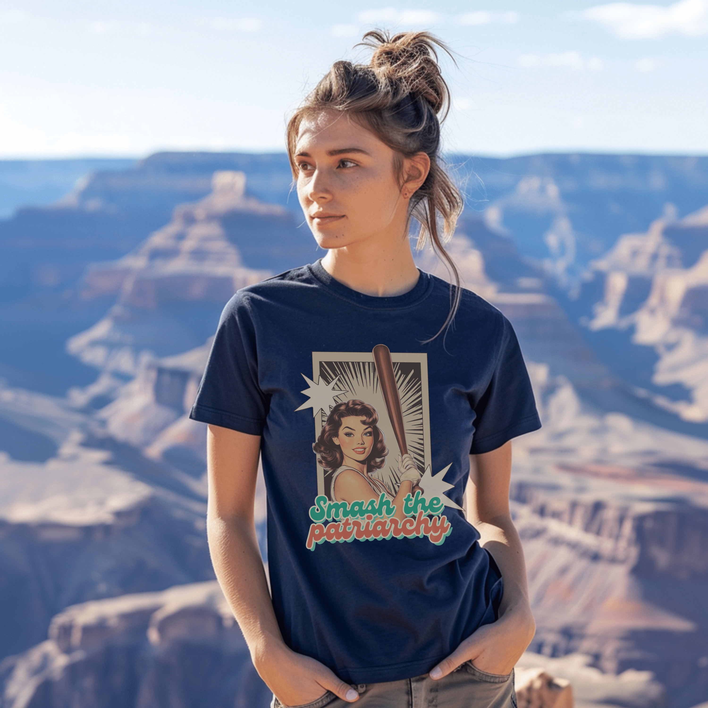 Retro Feminist Shirt, Smash The Patriarchy Tee, Vintage Pin UP Baseball Tee, Gift For Her or Friends - T-Shirt - Chromatic Safari - True Navy - S
