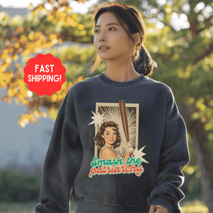 Retro Feminist Sweatshirt, Smash The Patriarchy Pullover Tee, Vintage Pin UP Baseball Tee, Gift For Her or Friends - Sweatshirt - Chromatic Safari - Charcoal - S