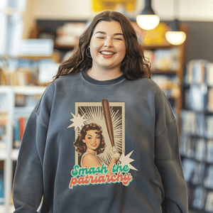 Retro Feminist Sweatshirt, Smash The Patriarchy Pullover Tee, Vintage Pin UP Baseball Tee, Gift For Her or Friends - Sweatshirt - Chromatic Safari - Charcoal - S