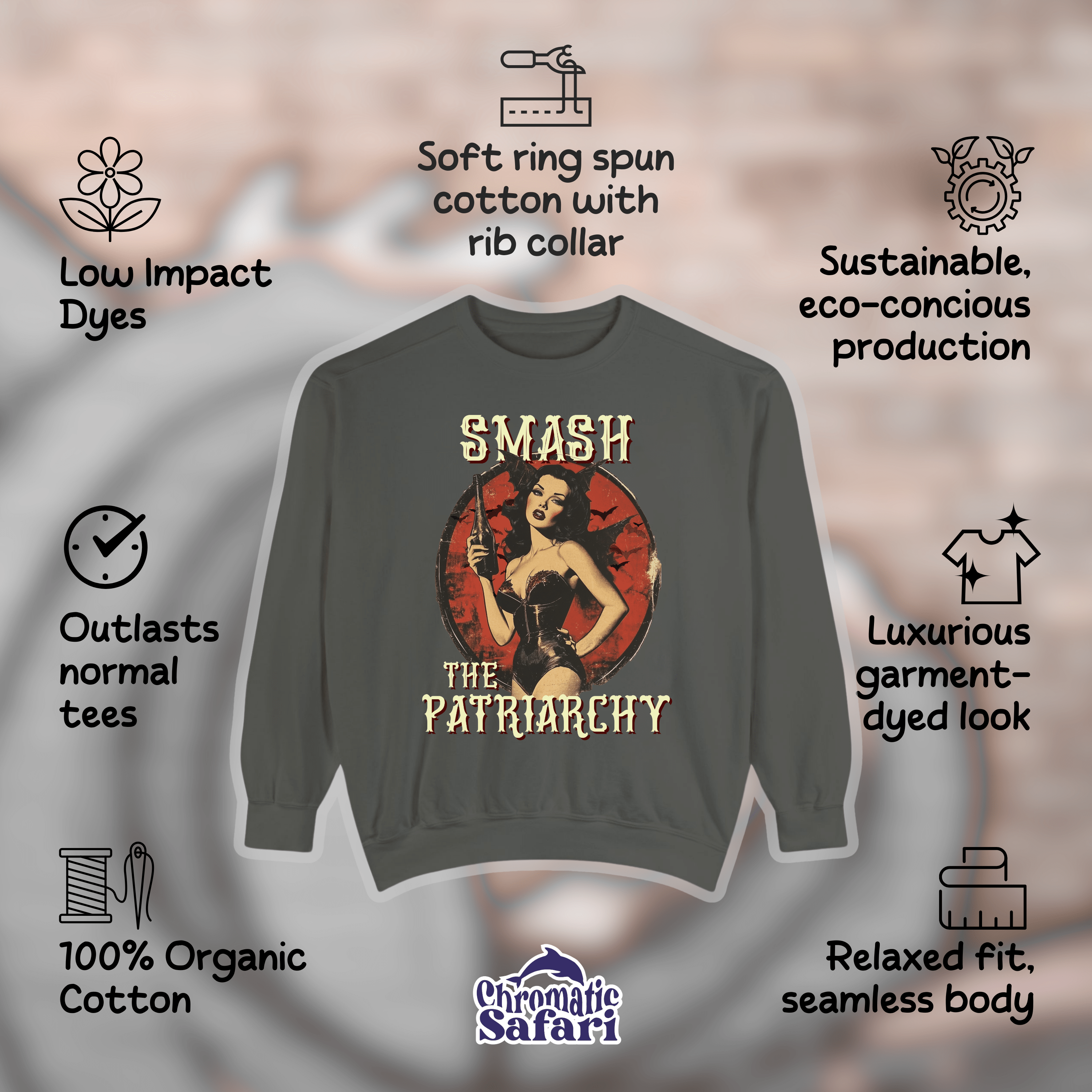 Retro Feminist Sweatshirt, Smash The Patriarchy Pullover Tee, Vintage Pro Choice Pin Up Tee, Gift For Activist - Sweatshirt - Chromatic Safari - Charcoal - S