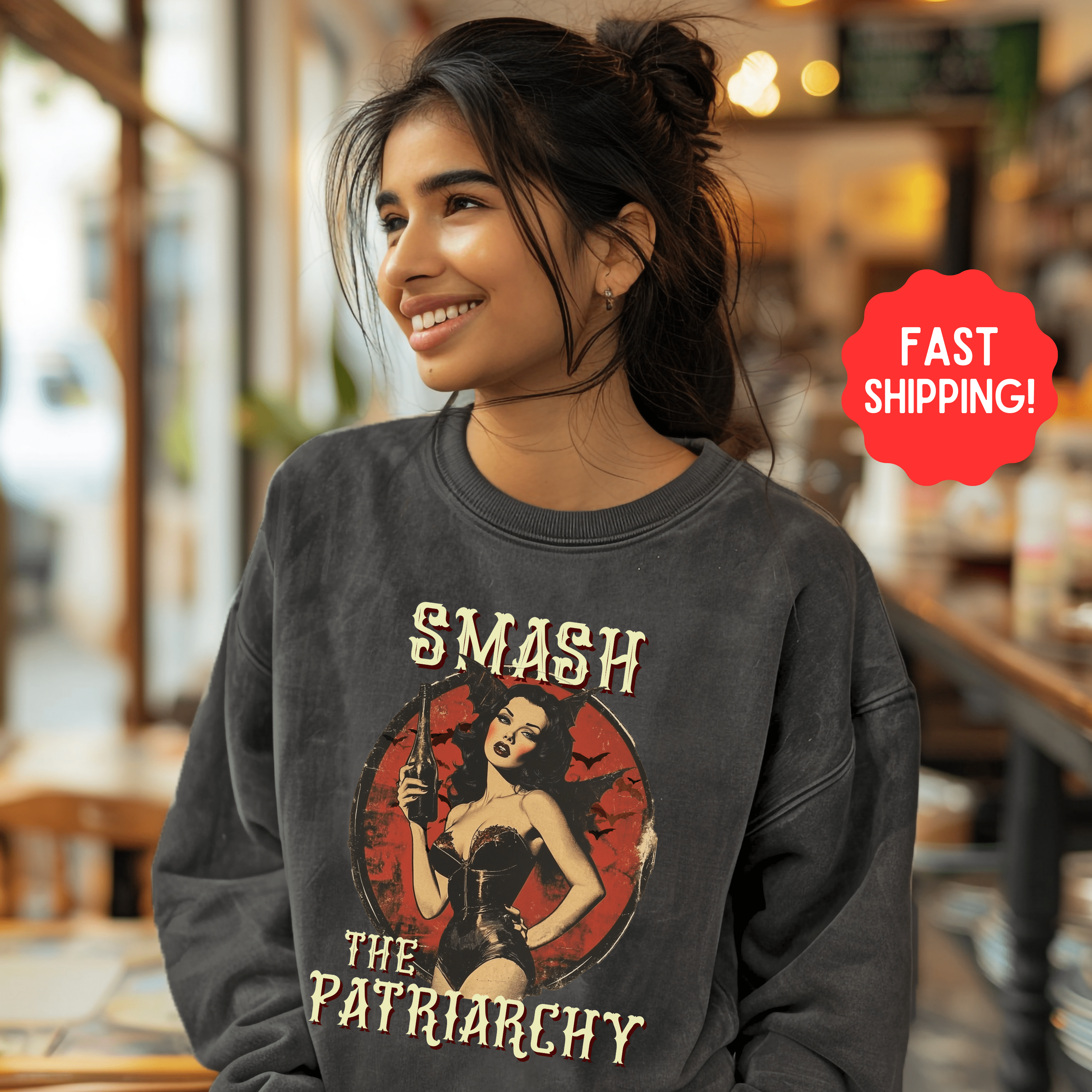 Retro Feminist Sweatshirt, Smash The Patriarchy Pullover Tee, Vintage Pro Choice Pin Up Tee, Gift For Activist - Sweatshirt - Chromatic Safari - Charcoal - S