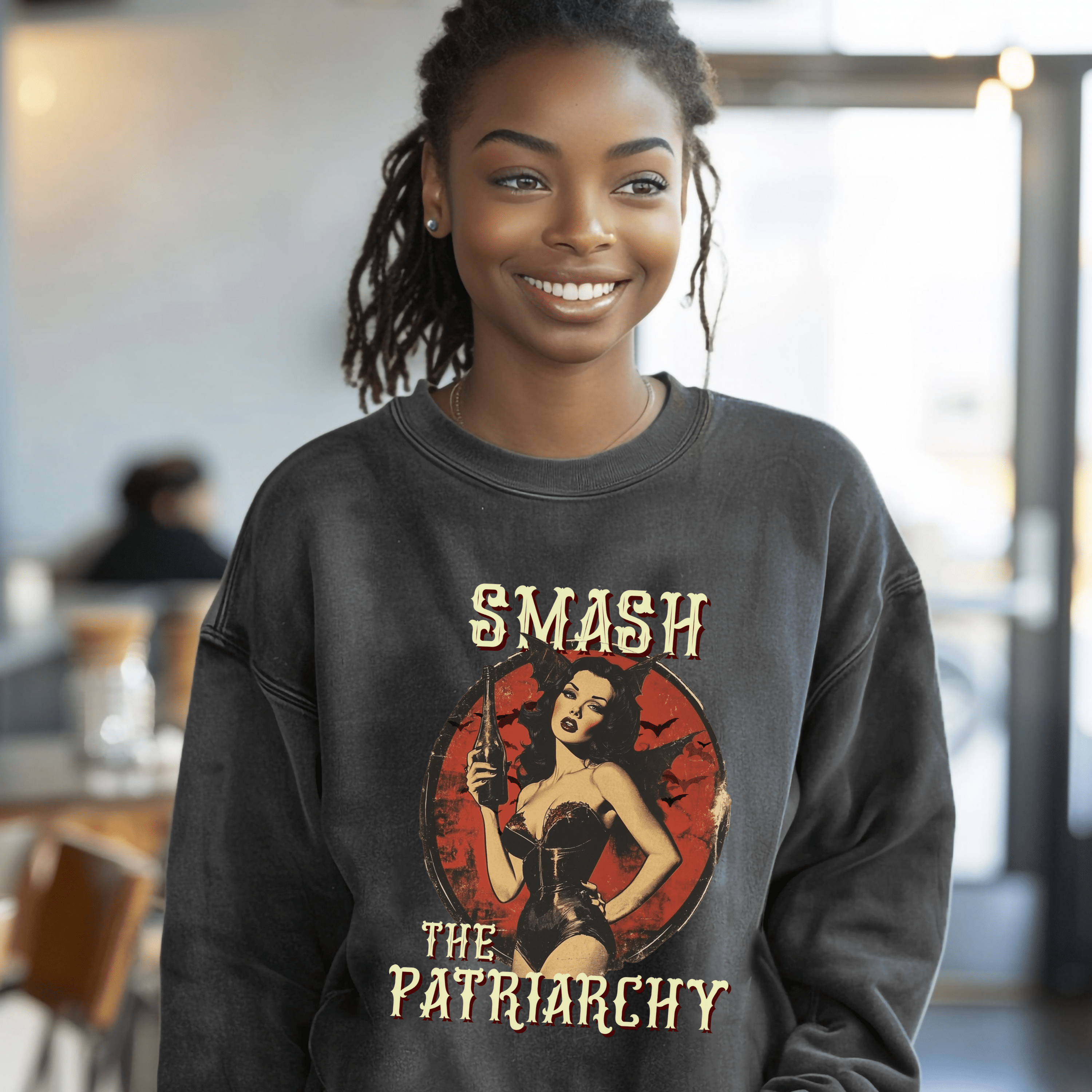 Retro Feminist Sweatshirt, Smash The Patriarchy Pullover Tee, Vintage Pro Choice Pin Up Tee, Gift For Activist - Sweatshirt - Chromatic Safari - Charcoal - S