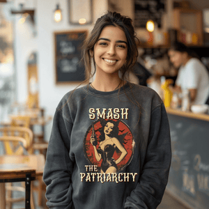 Retro Feminist Sweatshirt, Smash The Patriarchy Pullover Tee, Vintage Pro Choice Pin Up Tee, Gift For Activist - Sweatshirt - Chromatic Safari - Charcoal - S