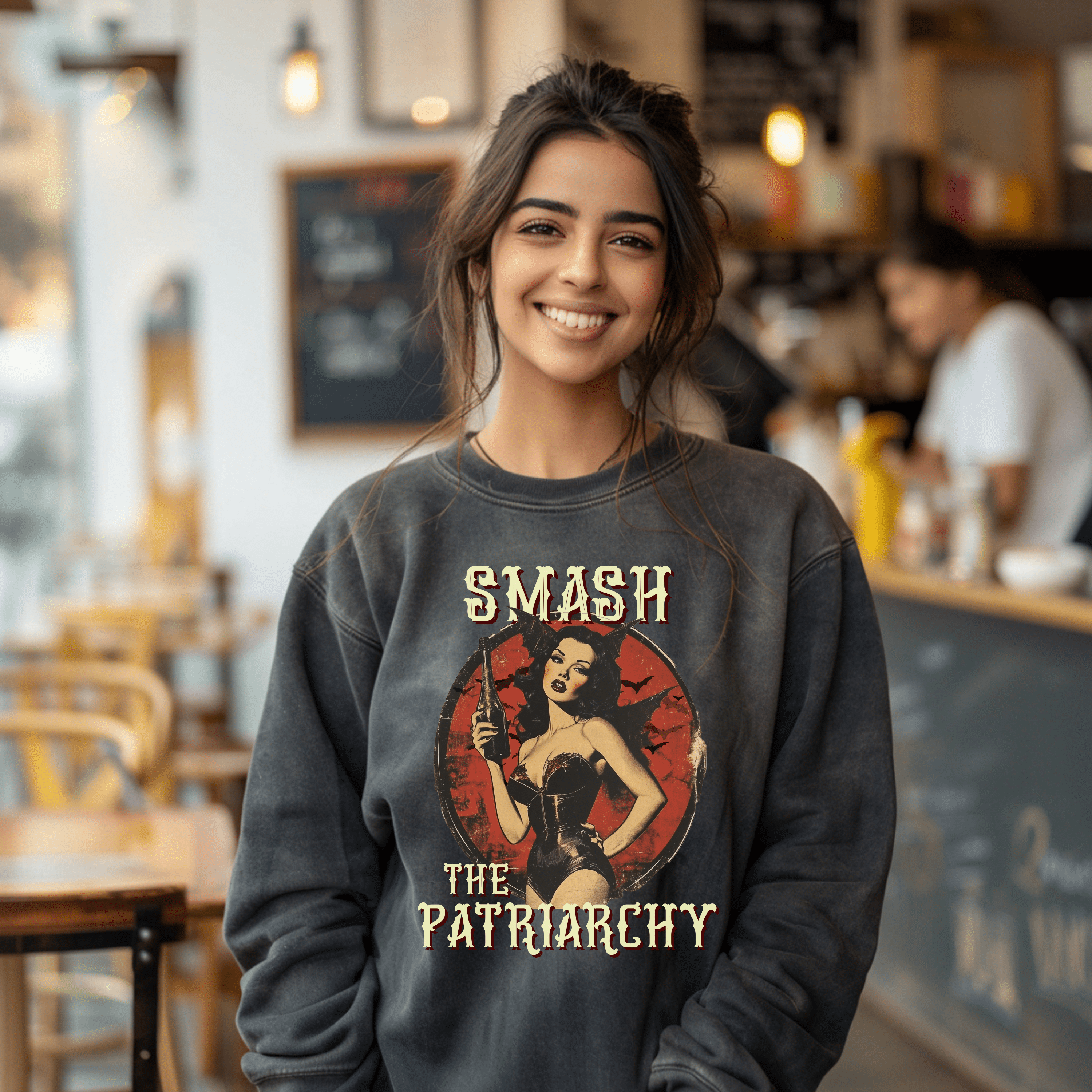 Retro Feminist Sweatshirt, Smash The Patriarchy Pullover Tee, Vintage Pro Choice Pin Up Tee, Gift For Activist - Sweatshirt - Chromatic Safari - Charcoal - S