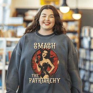 Retro Feminist Sweatshirt, Smash The Patriarchy Pullover Tee, Vintage Pro Choice Pin Up Tee, Gift For Activist - Sweatshirt - Chromatic Safari - Charcoal - S