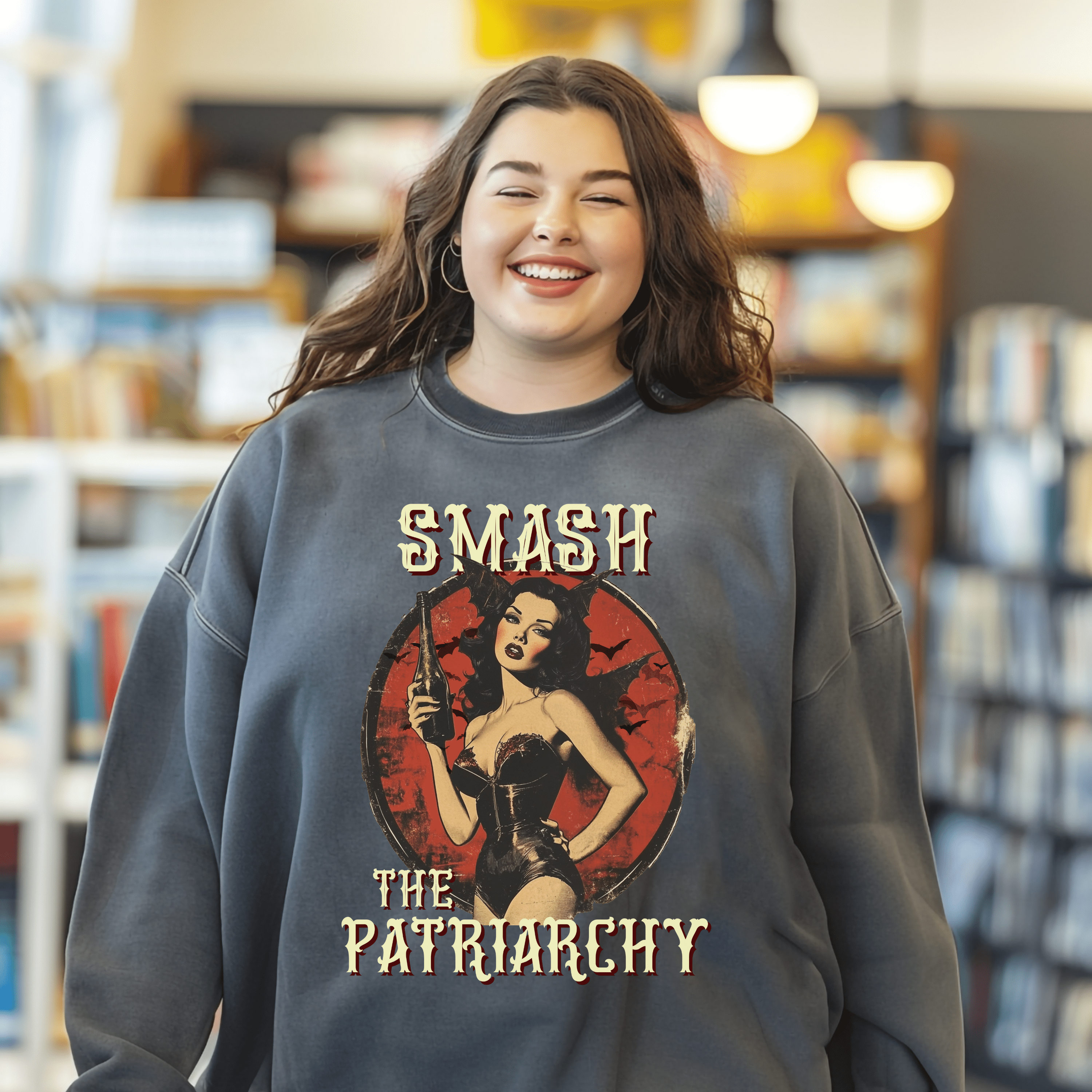 Retro Feminist Sweatshirt, Smash The Patriarchy Pullover Tee, Vintage Pro Choice Pin Up Tee, Gift For Activist - Sweatshirt - Chromatic Safari - Charcoal - S