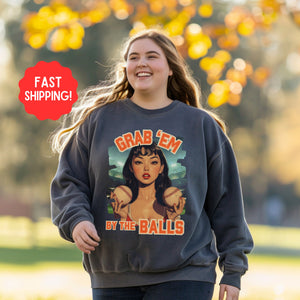 Retro Grab 'Em By The Balls Softball Vintage Pin Up Sweatshirt, Smash The Patriarchy, Feminist Womens Rights Awareness Pullover Tee, Gift For Her - Sweatshirt - Chromatic Safari - Charcoal - S