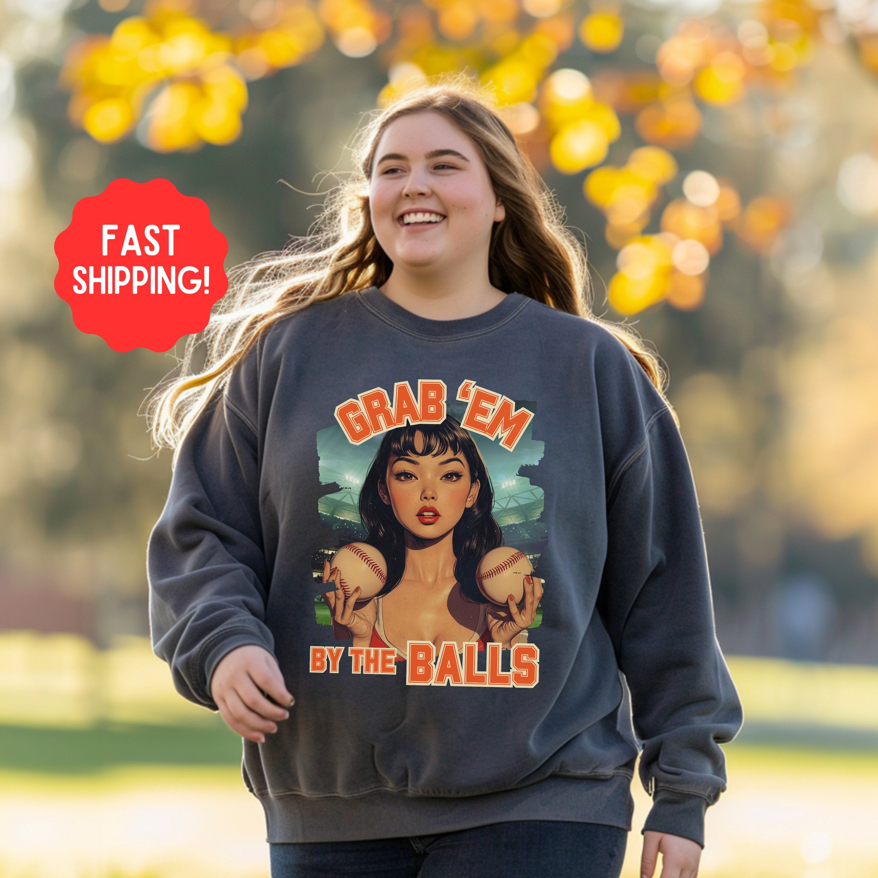 Retro Grab 'Em By The Balls Softball Vintage Pin Up Sweatshirt, Smash The Patriarchy, Feminist Womens Rights Awareness Pullover Tee, Gift For Her - Sweatshirt - Chromatic Safari - Charcoal - S