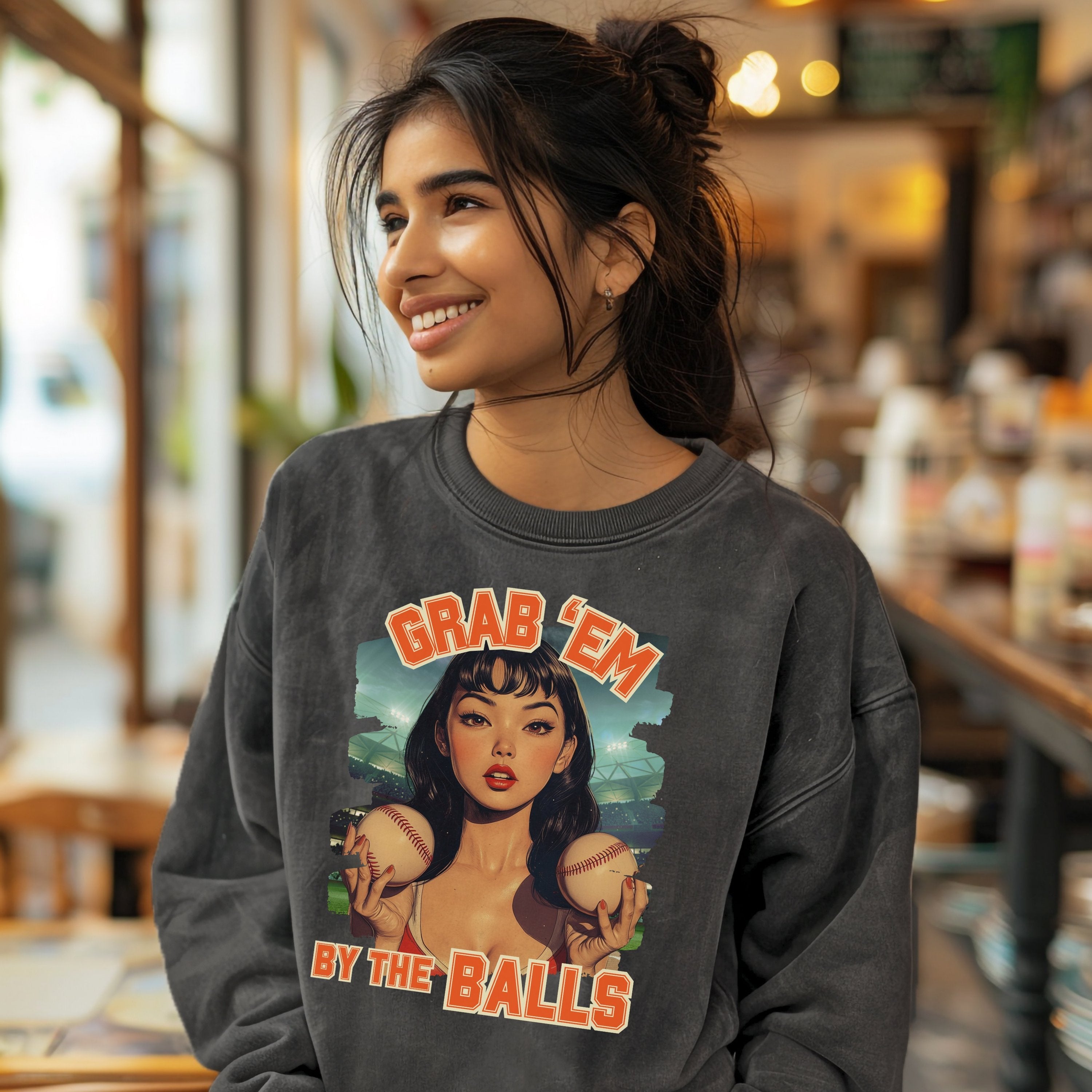 Retro Grab 'Em By The Balls Softball Vintage Pin Up Sweatshirt, Smash The Patriarchy, Feminist Womens Rights Awareness Pullover Tee, Gift For Her - Sweatshirt - Chromatic Safari - Charcoal - S