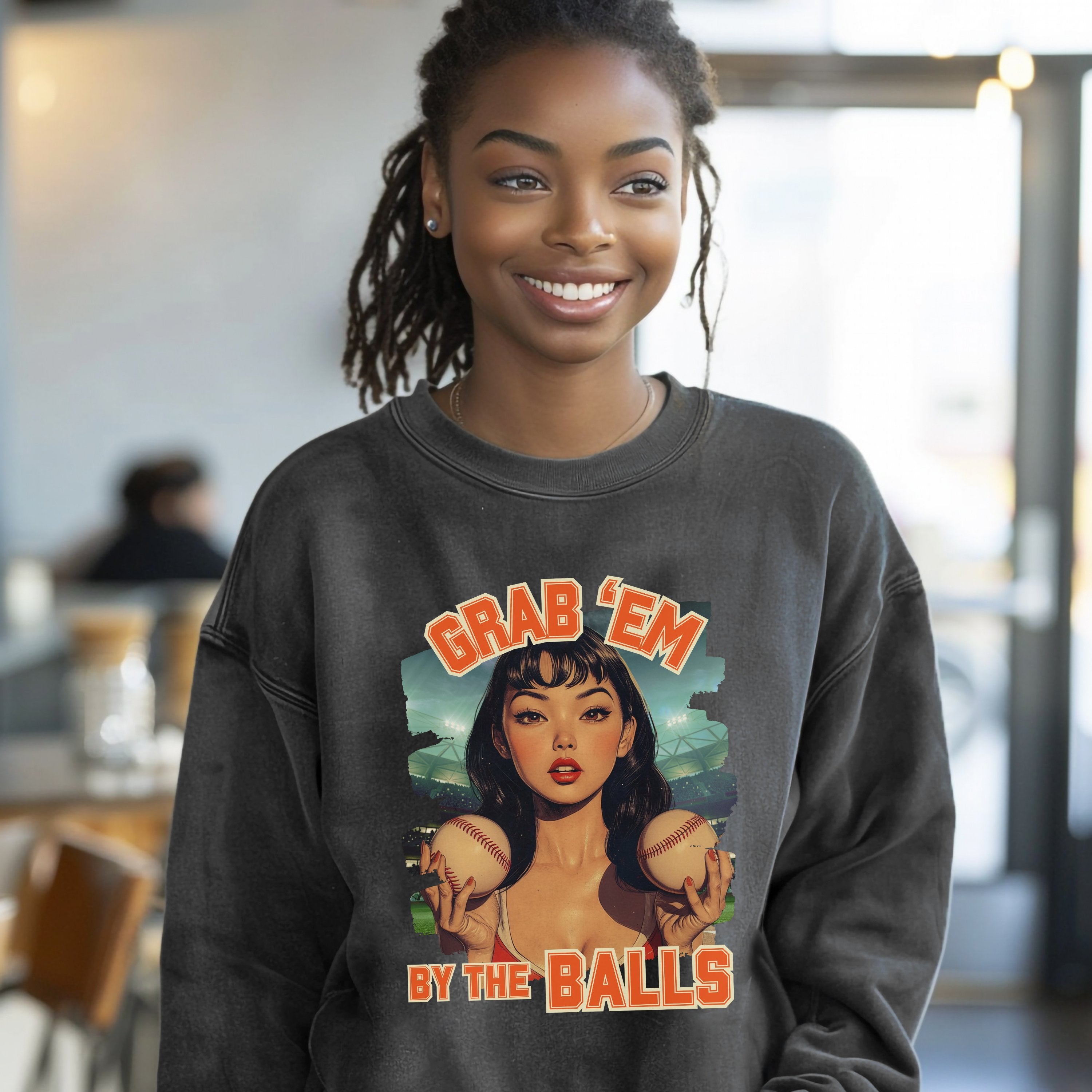 Retro Grab 'Em By The Balls Softball Vintage Pin Up Sweatshirt, Smash The Patriarchy, Feminist Womens Rights Awareness Pullover Tee, Gift For Her - Sweatshirt - Chromatic Safari - Charcoal - S