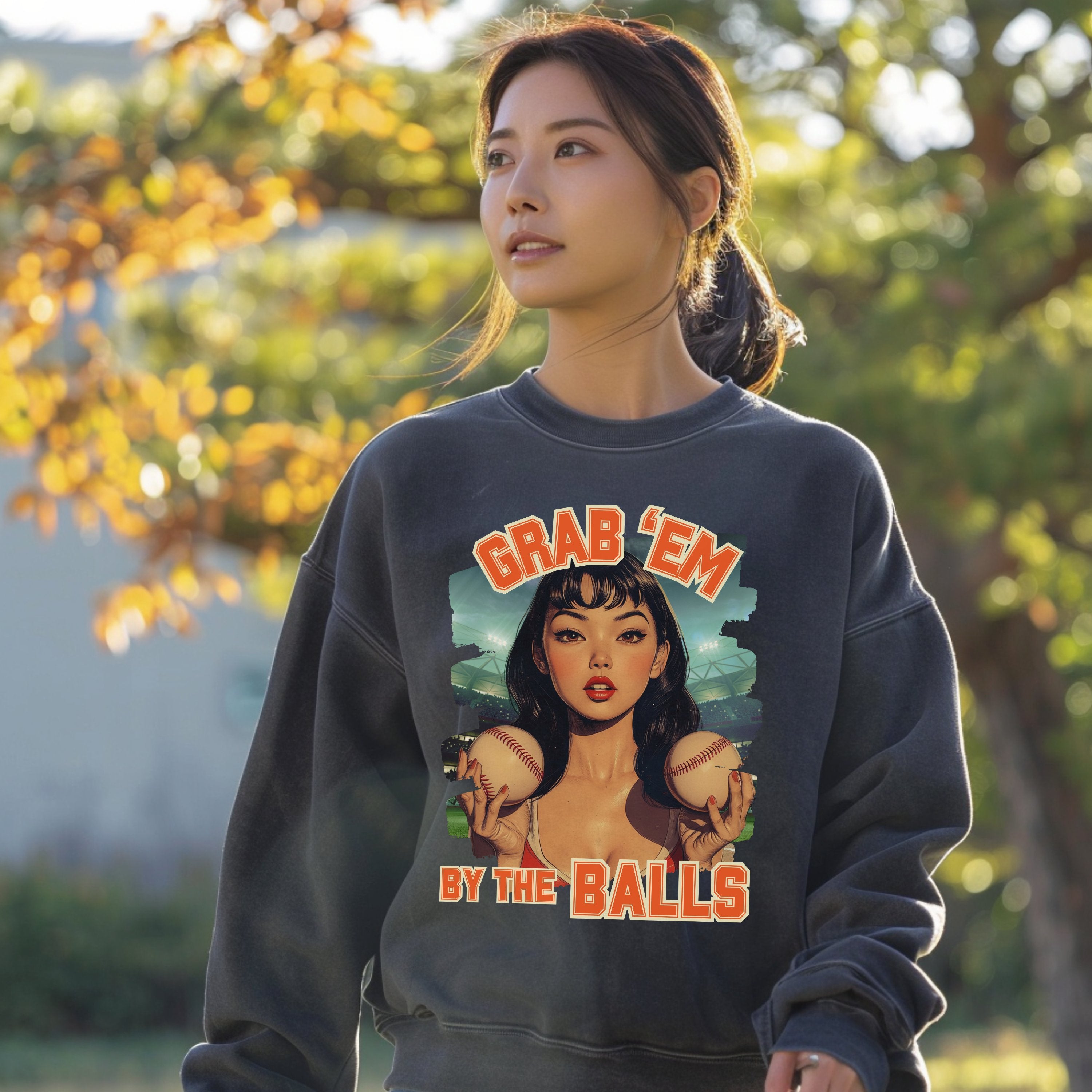 Retro Grab 'Em By The Balls Softball Vintage Pin Up Sweatshirt, Smash The Patriarchy, Feminist Womens Rights Awareness Pullover Tee, Gift For Her - Sweatshirt - Chromatic Safari - Charcoal - S