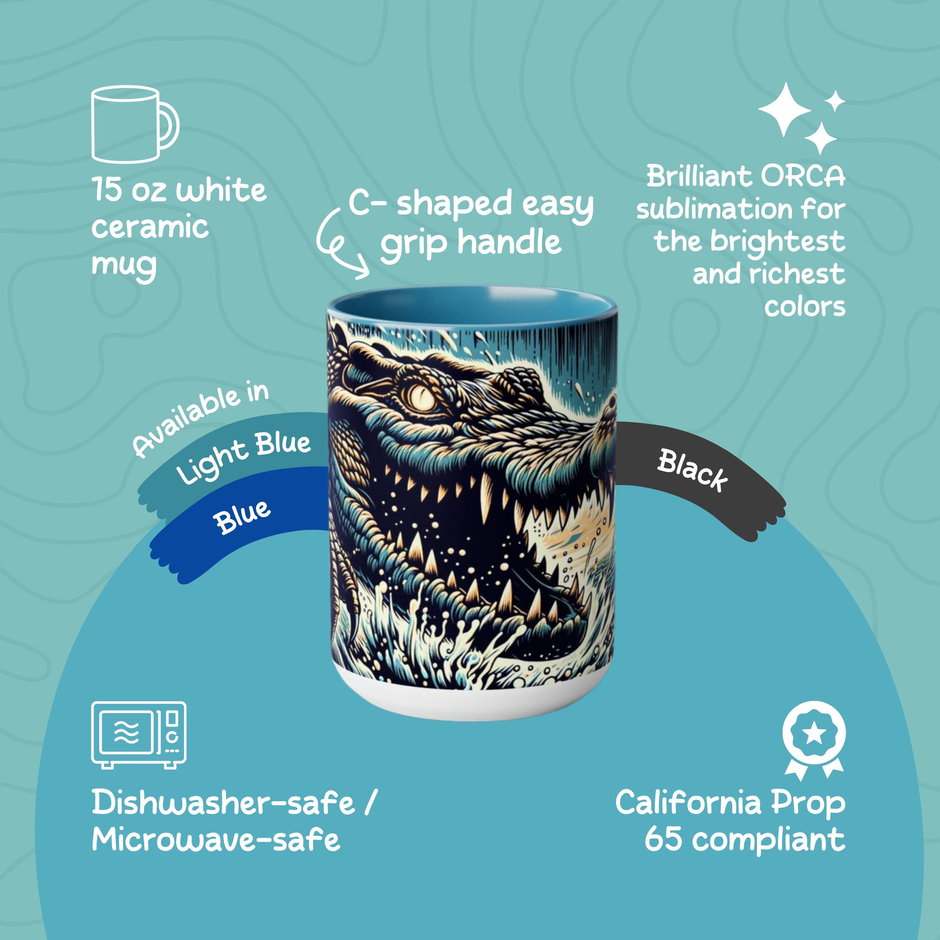 Saltwater Crocodile Mug - Unique Handcrafted Ceramic Coffee Cup Crocodile Design, Perfect Gift for Wildlife Enthusiasts - Mug - Chromatic Safari - 15oz - Black