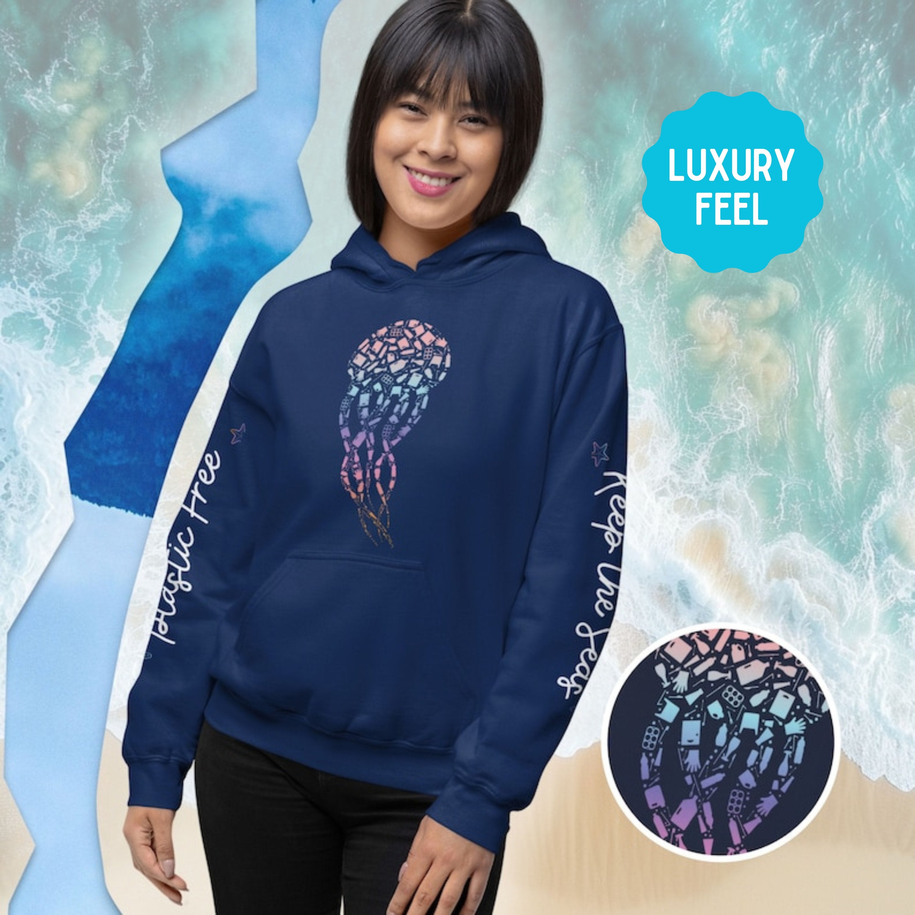 Save the Oceans Jellyfish Hoodie Eco-Friend Sustainable Apparel Jelly Fish Eco-Friendly, Organic Sweatshirt for Marine Life Enthusiasts - Chromatic Safari - Navy - S