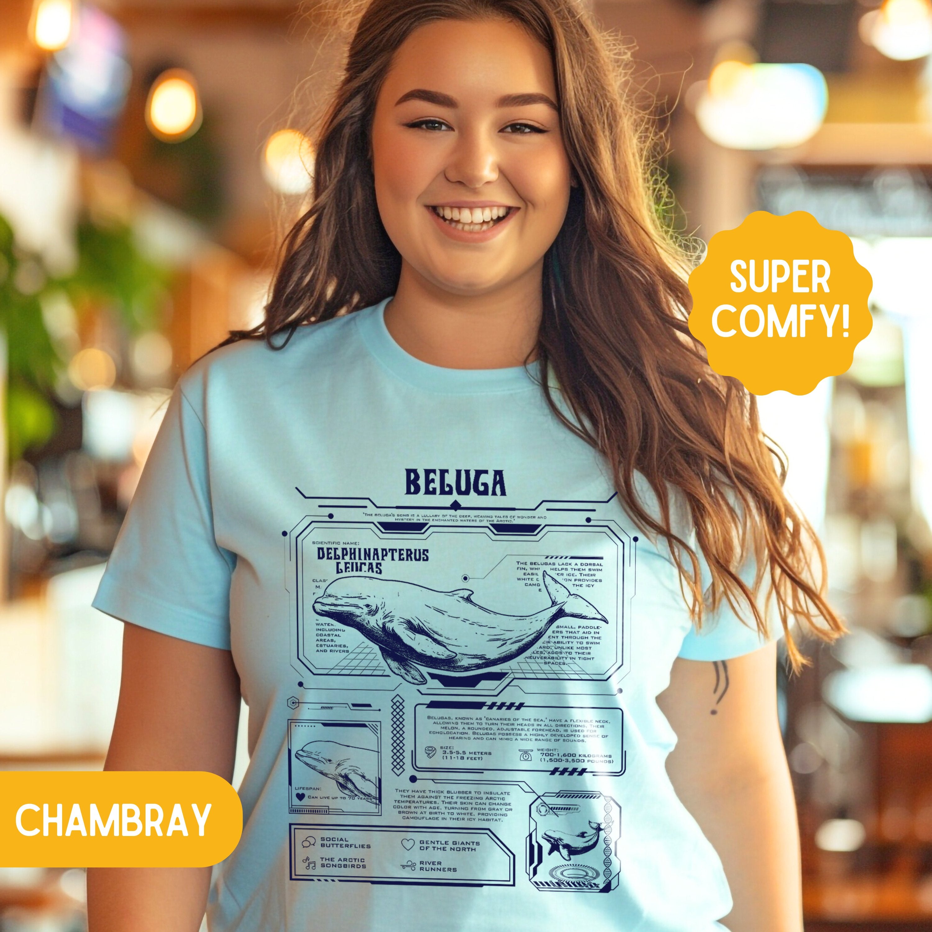 Scifi Beluga Anatomy Shirt, Marine Animal Anatomical Cyberpunk Tshirt, Surfers Gifts - T - Shirt - Chromatic Safari - Chambray - S