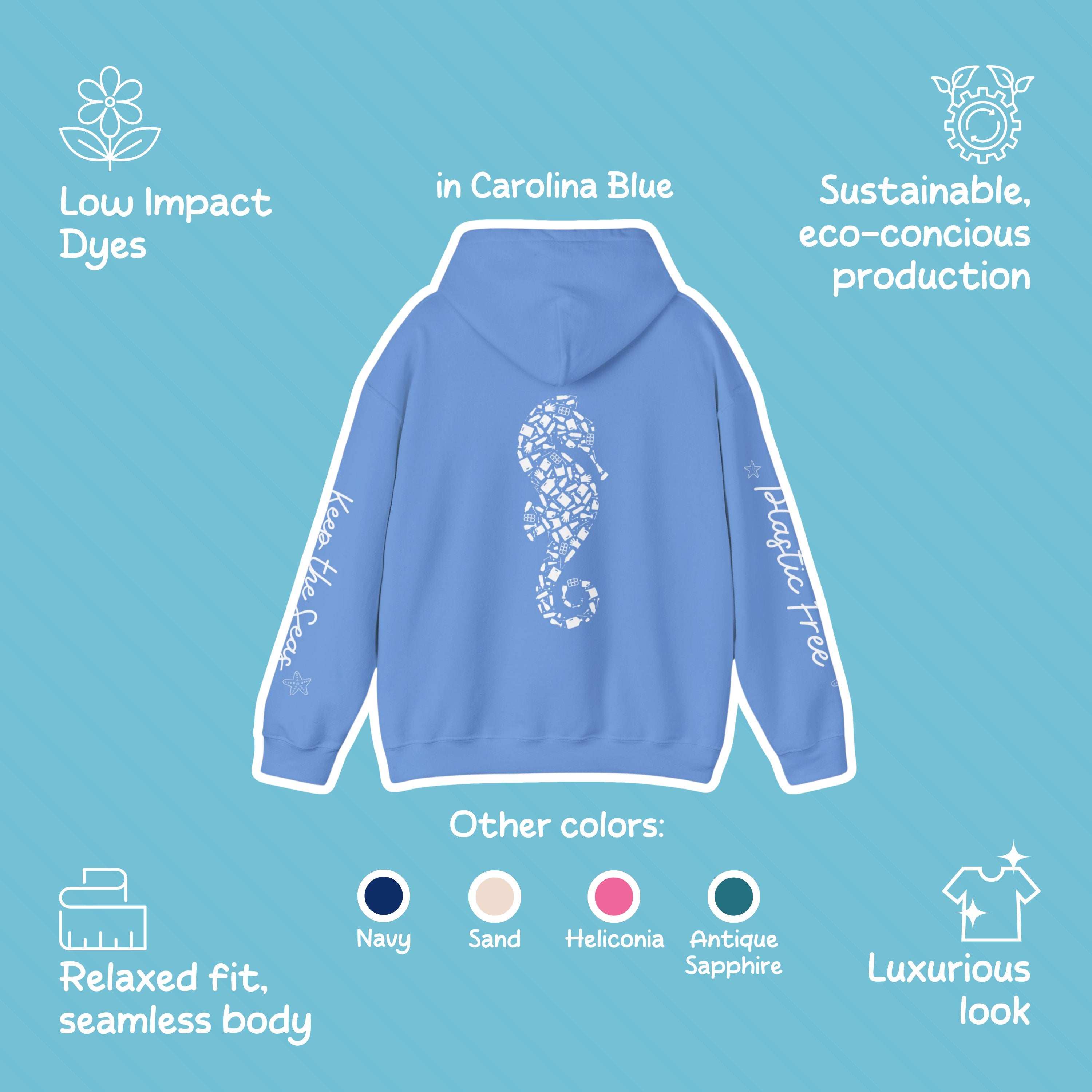 Seahorse Design Hoodie: Eco-Friendly, Artistic Sweatshirt for Marine Life Enthusiasts, Perfect for Ocean Conservation Supporters - Chromatic Safari - Navy - S