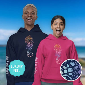 Seahorse Design Hoodie: Eco-Friendly, Artistic Sweatshirt for Marine Life Enthusiasts, Perfect for Ocean Conservation Supporters, Divers - Chromatic Safari - Navy - S