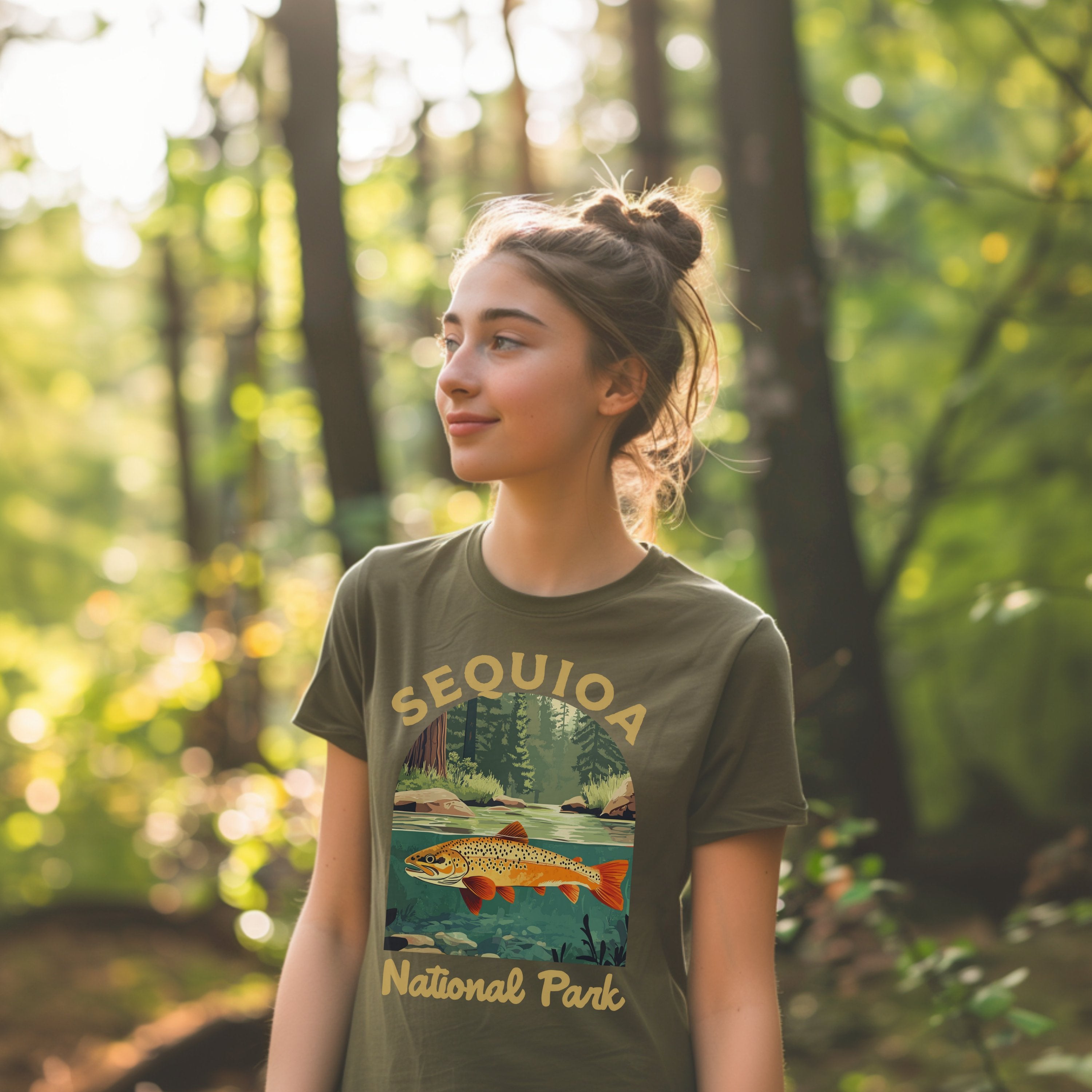 Sequioa CA Vintage National Parks Shirt, Camping Gift Mountain Tee Outdoor Lover Adventure Tshirt, Hikers Gift - T-Shirt - Chromatic Safari - Moss - S