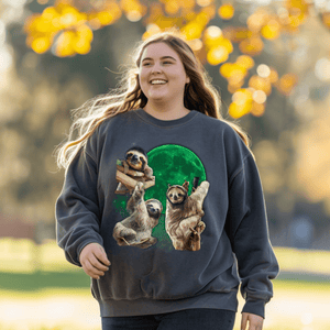 Silly Sloth Shirts, Three Sloth Moon Pullover Tee, Vintage 90s Bootleg Band Sweatshirt, Cute Sloth Gifts - Sweatshirt - Chromatic Safari - Charcoal - S