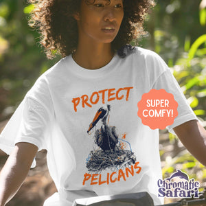 Street Art Protect Pelicans Awareness Shirt, Sealife Ocean Conservation Marine Biology Gift, For Birdwatcher and Conservationist - T - Shirt - Chromatic Safari - White - S