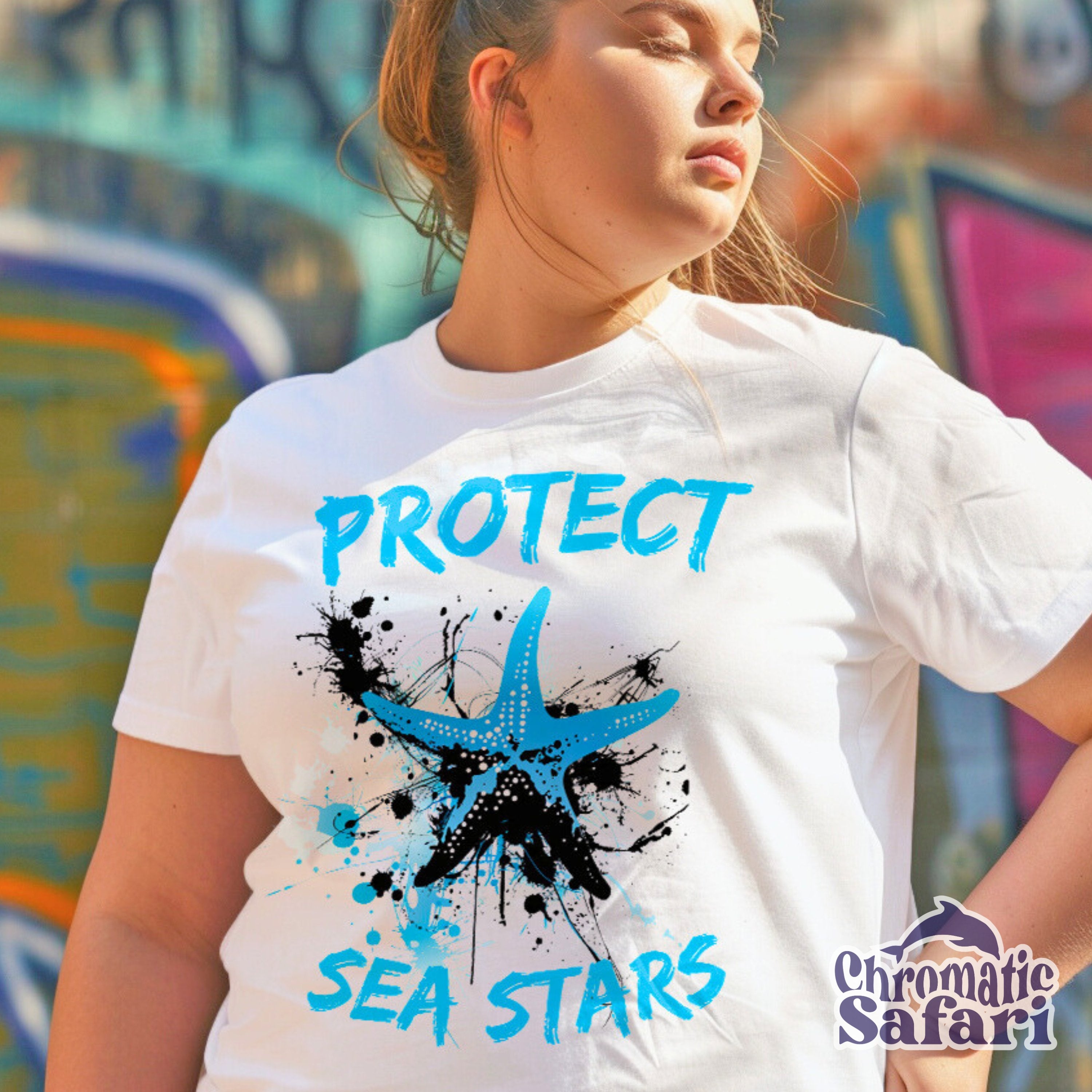 Street Art Protect Starfish Awareness Shirt, Sealife Ocean Conservation Marine Biology Gift, For Locals and Conservationist - T - Shirt - Chromatic Safari - White - S