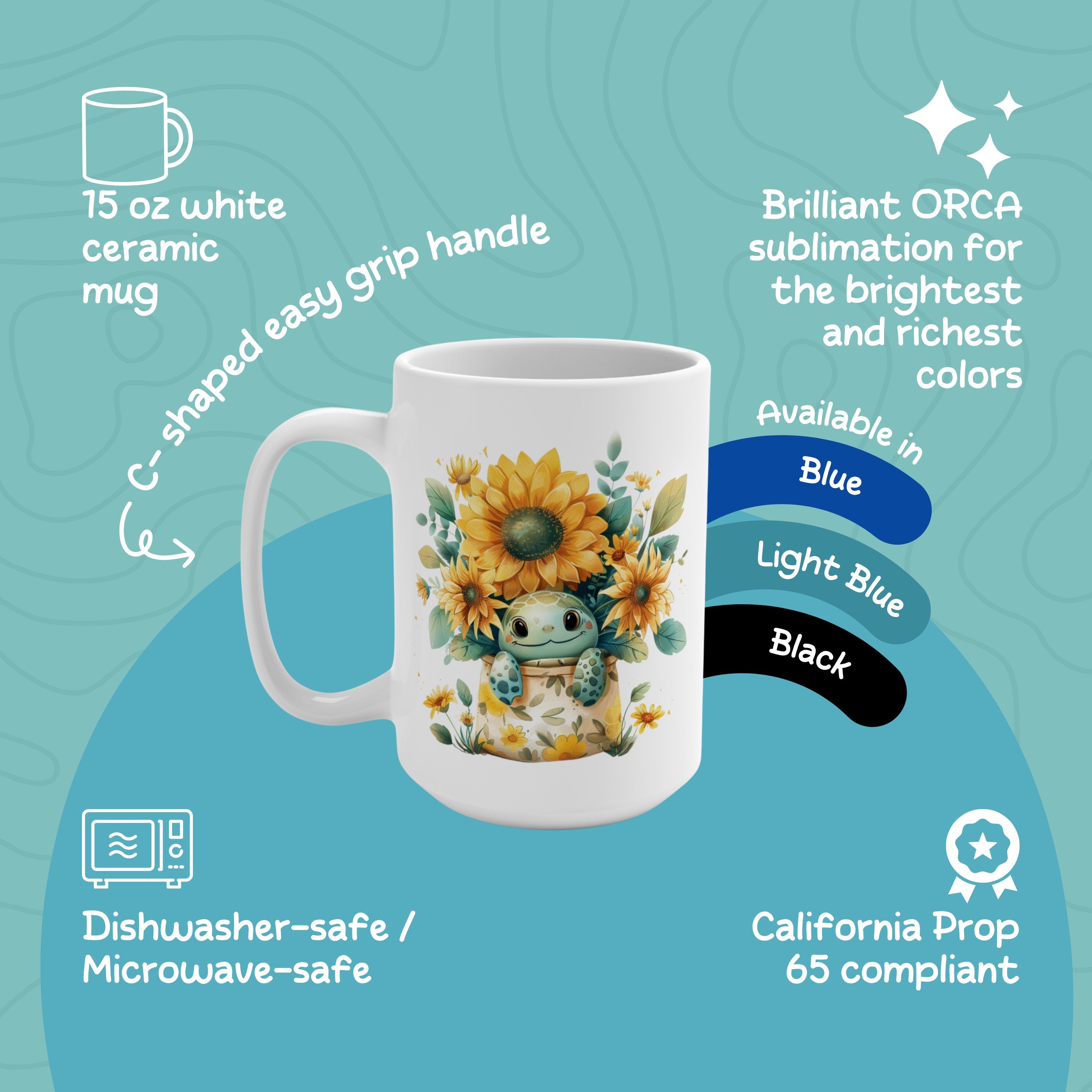 Sunflower Turtle Mothers Day Mug, Ocean Lover Coffee Cup, Gift for Mom - Mug - Chromatic Safari - 15oz -