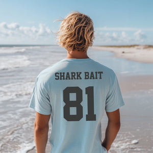 Surfing Personalized Beach Lovers Shirt, Shark Bait Tee Custom Back Print Varsity Font T-shirt, Gift for Surfers, Swimmers and Surfboarders - T-Shirt - Chromatic Safari - Chambray - S