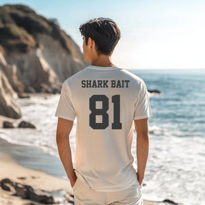 Surfing Personalized Beach Lovers Shirt, Shark Bait Tee Custom Back Print Varsity Font T-shirt, Gift for Surfers, Swimmers and Surfboarders - T-Shirt - Chromatic Safari - Ivory - S