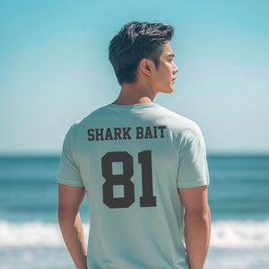 Surfing Personalized Beach Lovers Shirt, Shark Bait Tee Custom Back Print Varsity Font T-shirt, Gift for Surfers, Swimmers and Surfboarders - T-Shirt - Chromatic Safari - Chalky Mint - S