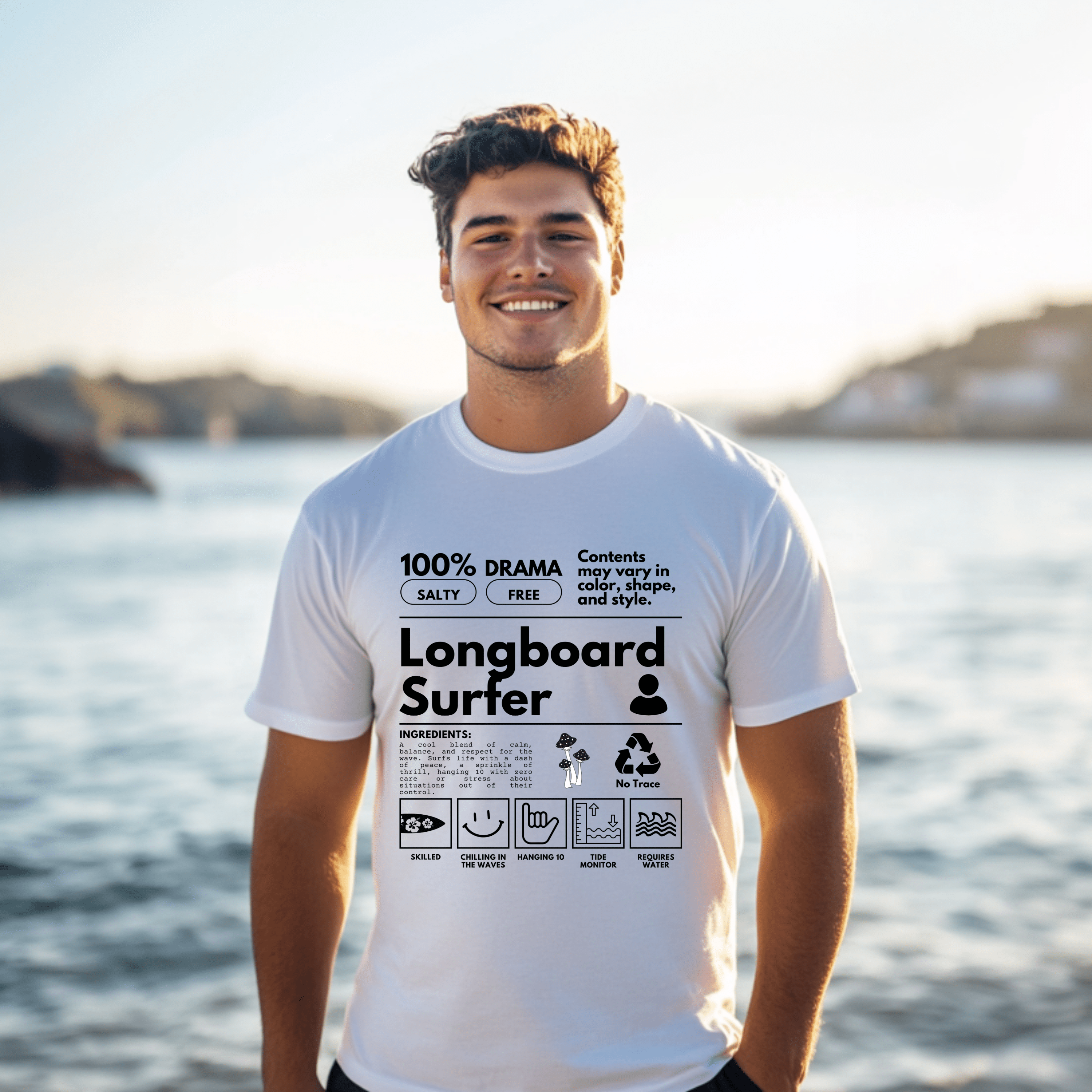 Surfing Shirt, Longboard Surfer Tee, Oversized Longboarder Summer Shirt, Trendy Ocean Lovers Tshirt, Surf Gift - T-Shirt - Chromatic Safari - White - S