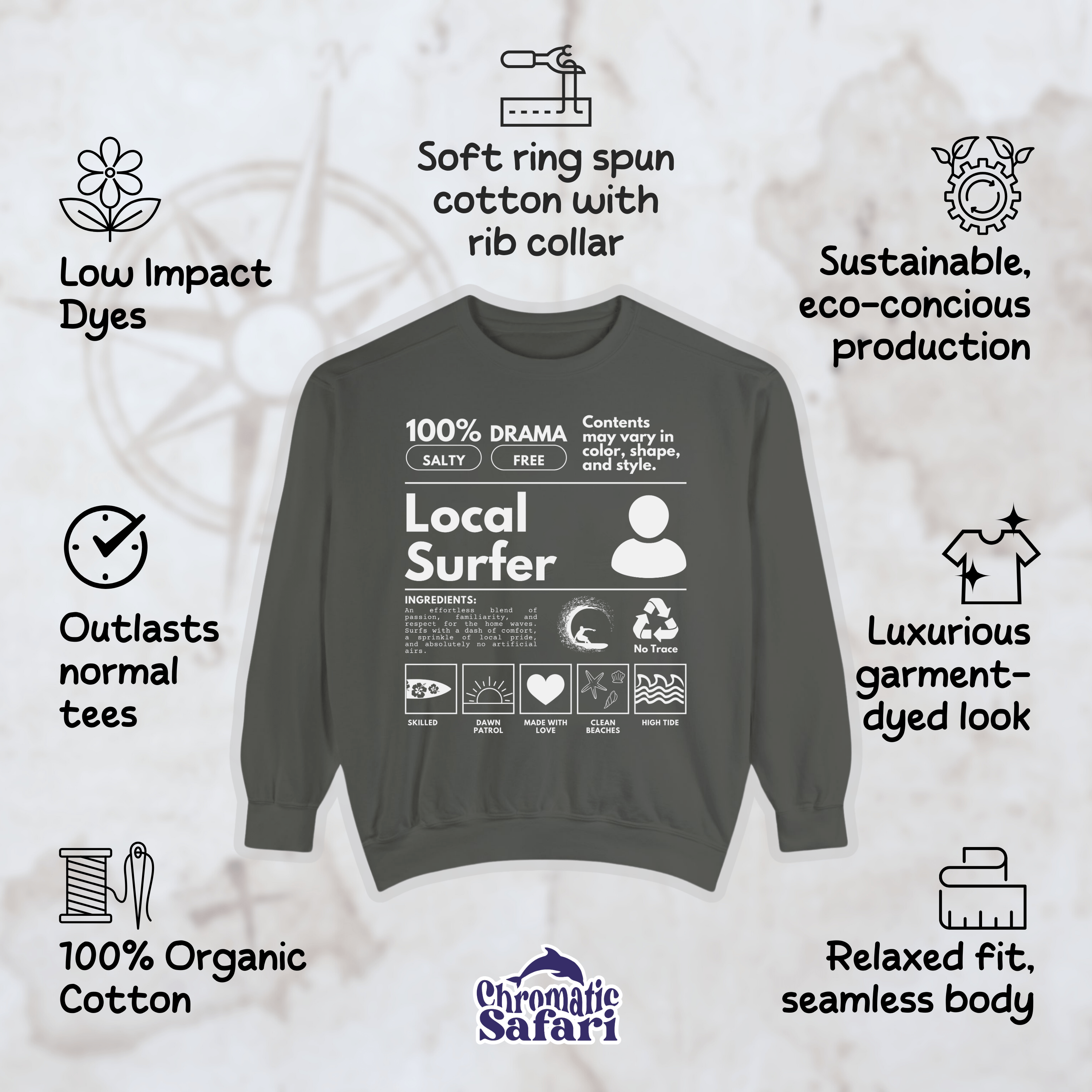 Surfing Sweathirt, Local Surfer Tee, Oversized Locals Summer Pullover Shirt, Trendy Ocean Lovers Tshirt, Gift Surfers - Sweatshirt - Chromatic Safari - Charcoal - S