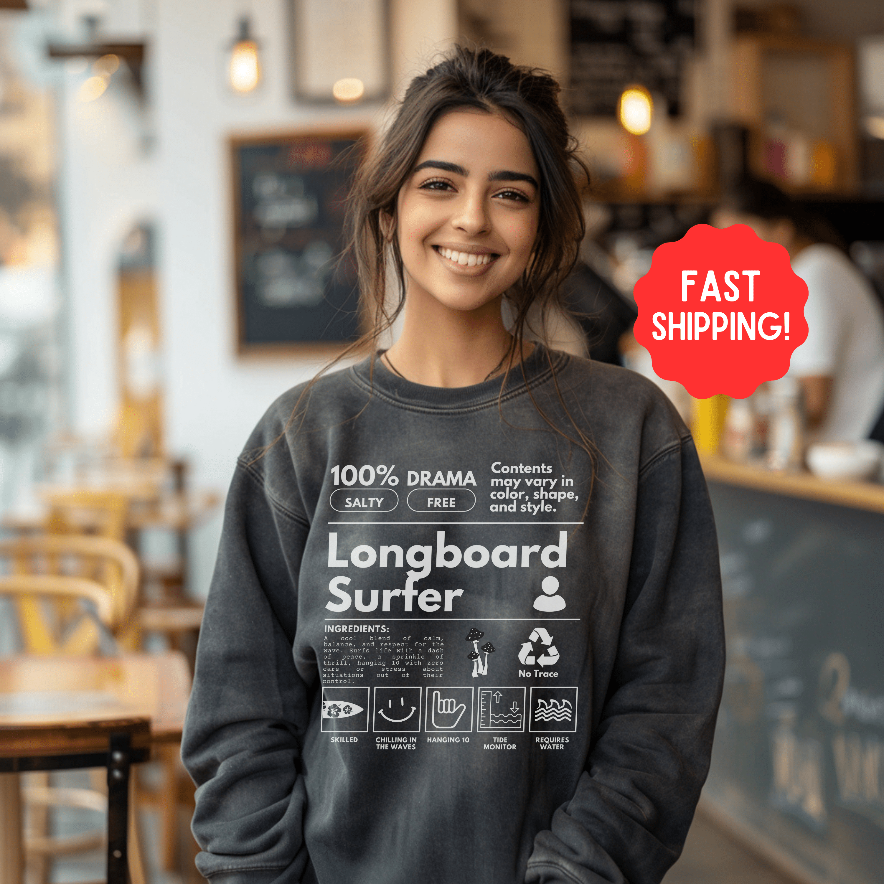 Surfing Sweatshirt, Longboard Surfer Sweatshirt, Oversized Longboarder Shirt, Trendy Ocean Lovers Tshirt, Surf Gift - Sweatshirt - Chromatic Safari - Charcoal - S