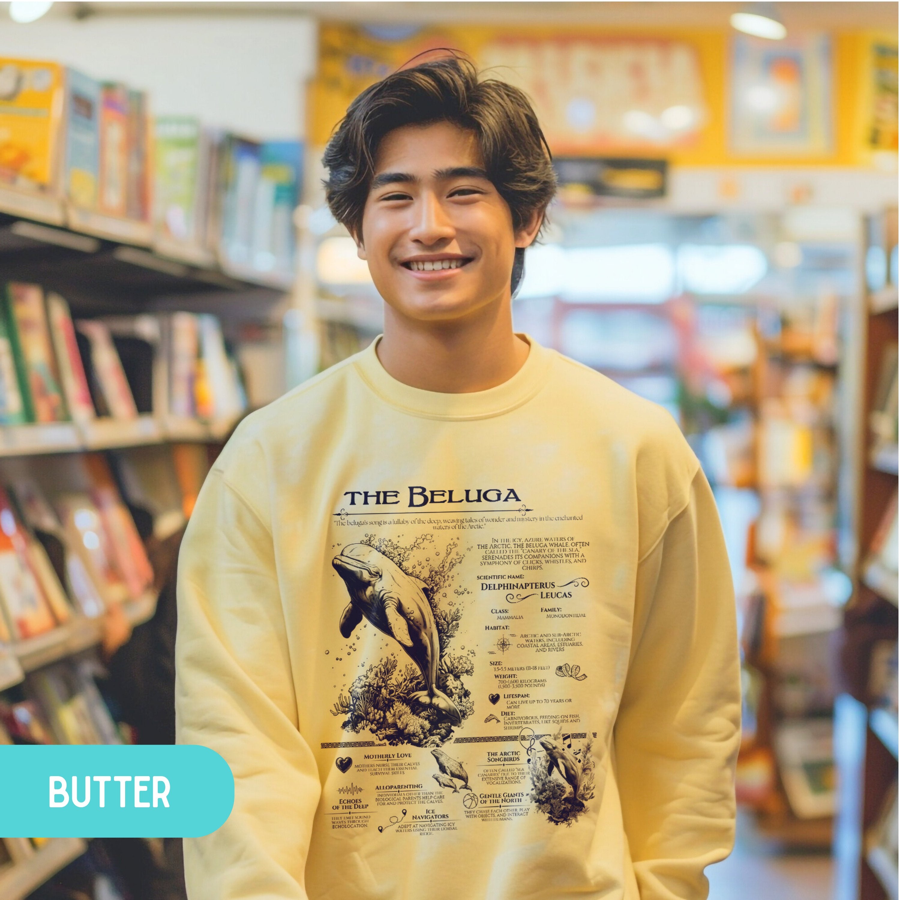 The Beluga Whale Anatomy Shirt Pullover, Marine Animals Vintage Sweatshirt, Gift for Surfers - Sweatshirt - Chromatic Safari - Butter - S