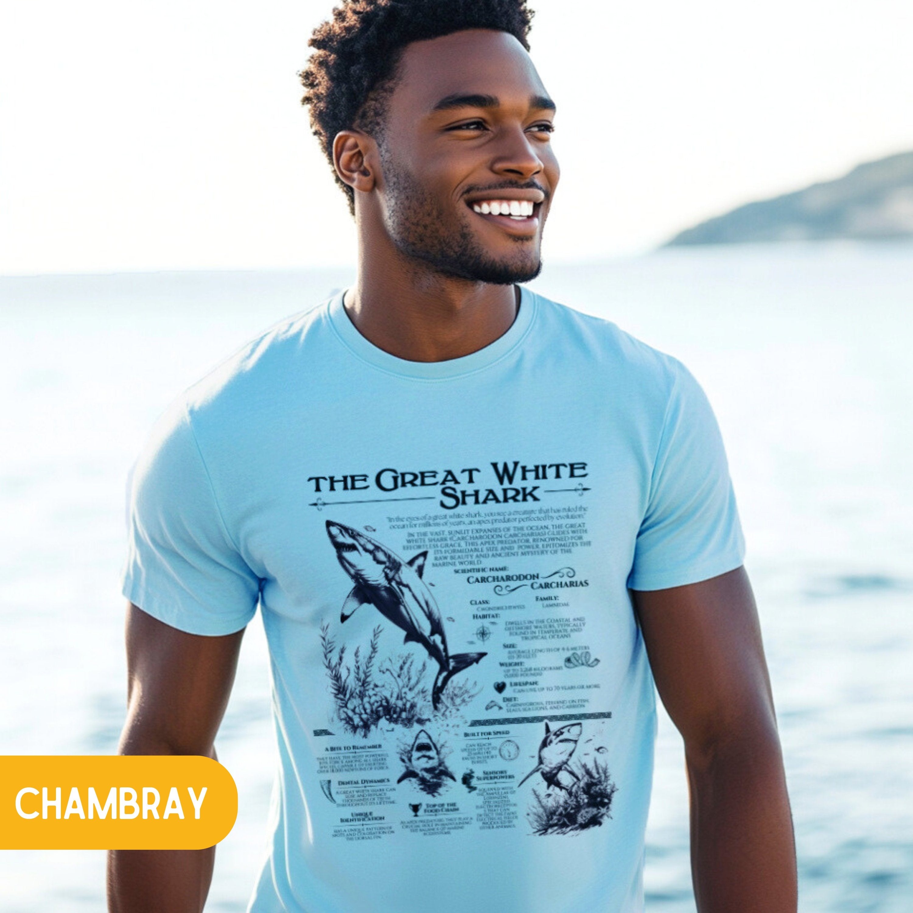 The Great White Shark Tshirt, Marine Animals Vintage Anatomical Shirt, Shark Gifts - T-Shirt - Chromatic Safari - Chambray - S