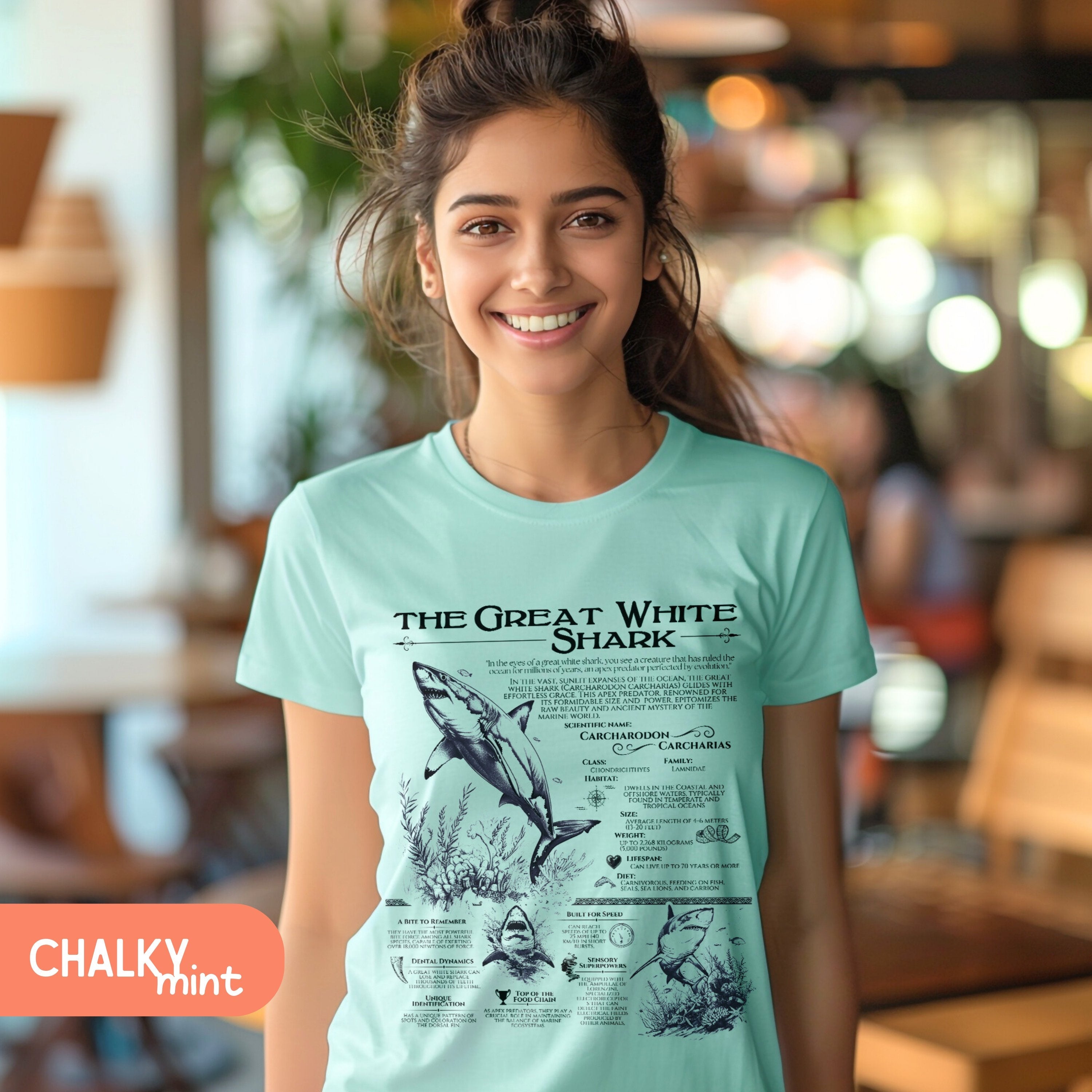 The Great White Shark Tshirt, Marine Animals Vintage Anatomical Shirt, Shark Gifts - T-Shirt - Chromatic Safari - Chalky Mint - S