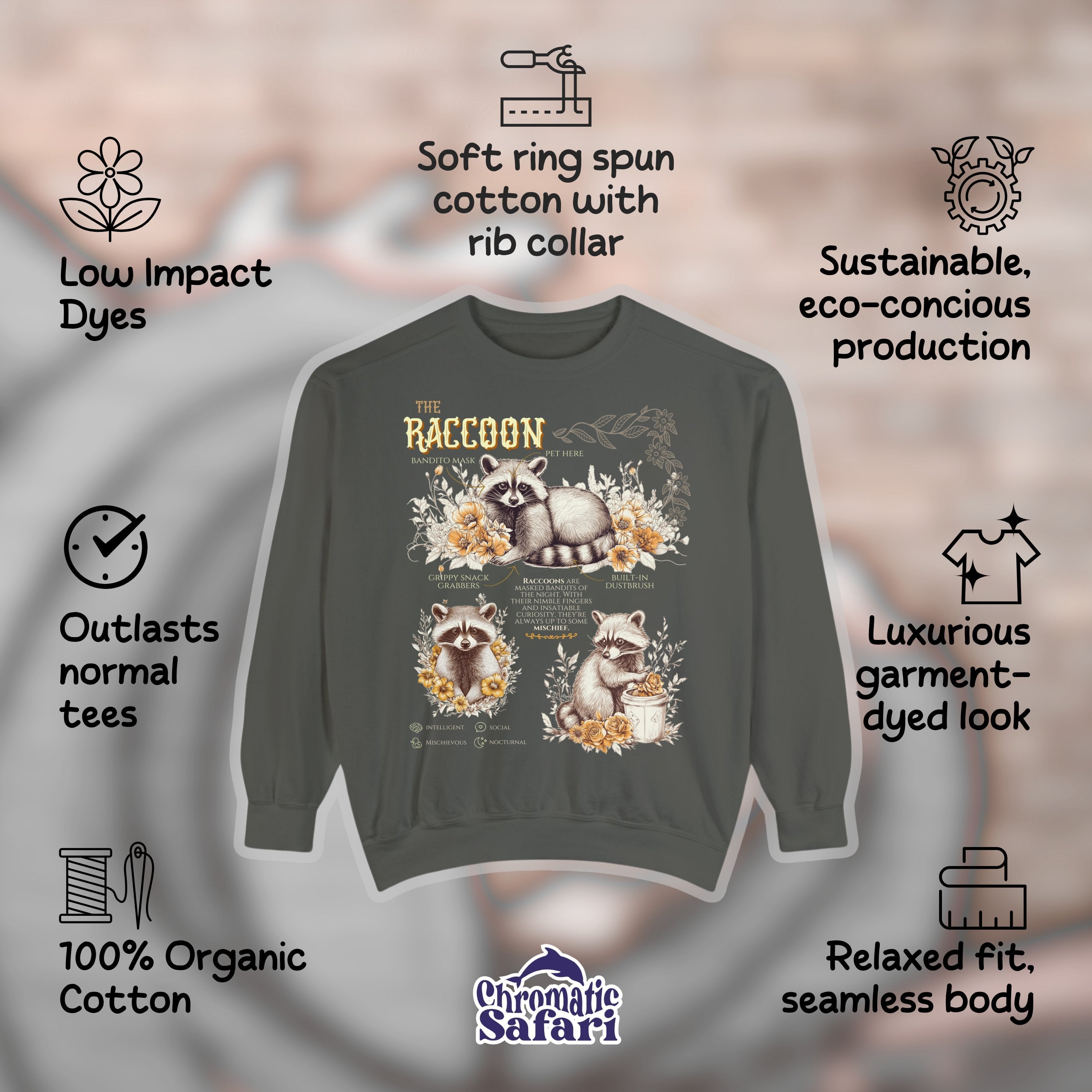 The Raccoon Trash Panda Opossum Sweatshirt Pullover, Funny Animals Opossum Vintage Raccoon Anatomy Tee, Gift For Her or Him - Sweatshirt - Chromatic Safari - Pepper - S