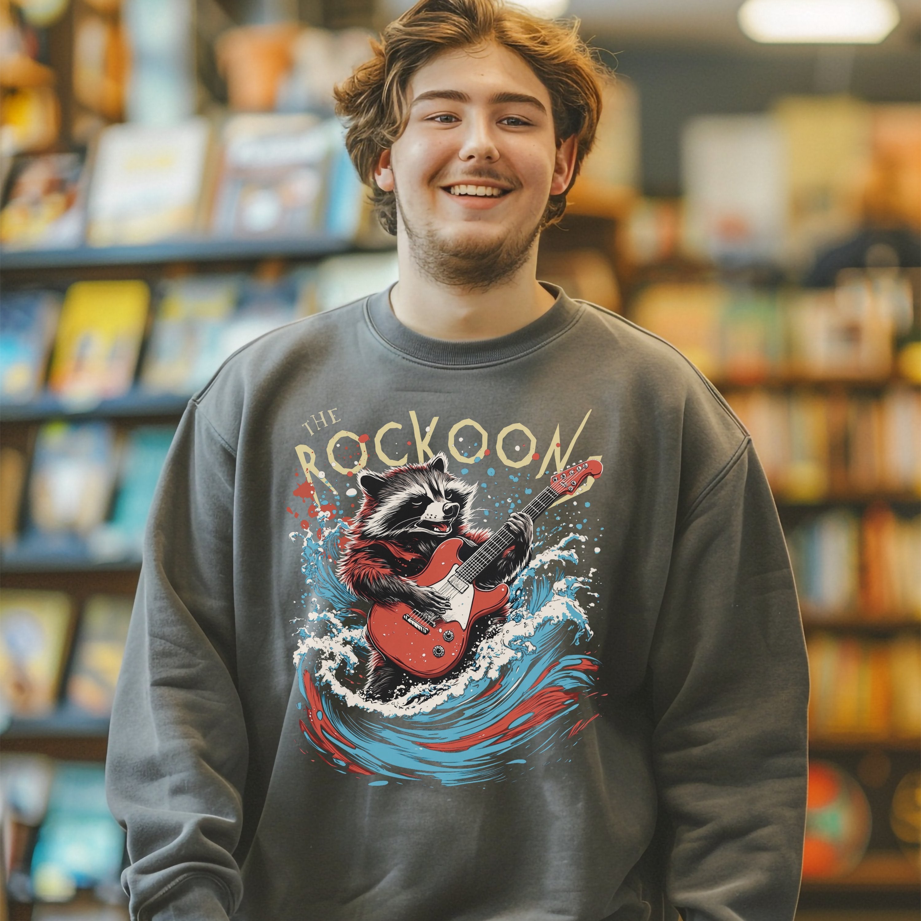 The Roccoon Rockstar Raccoon Bootleg Vintage Retro Graphic Sweatshirt, Fun Bootleg Band Shirt Pullover, Gift for Animla Lover, Gift For Him or Her - Sweatshirt - Chromatic Safari - Pepper - S