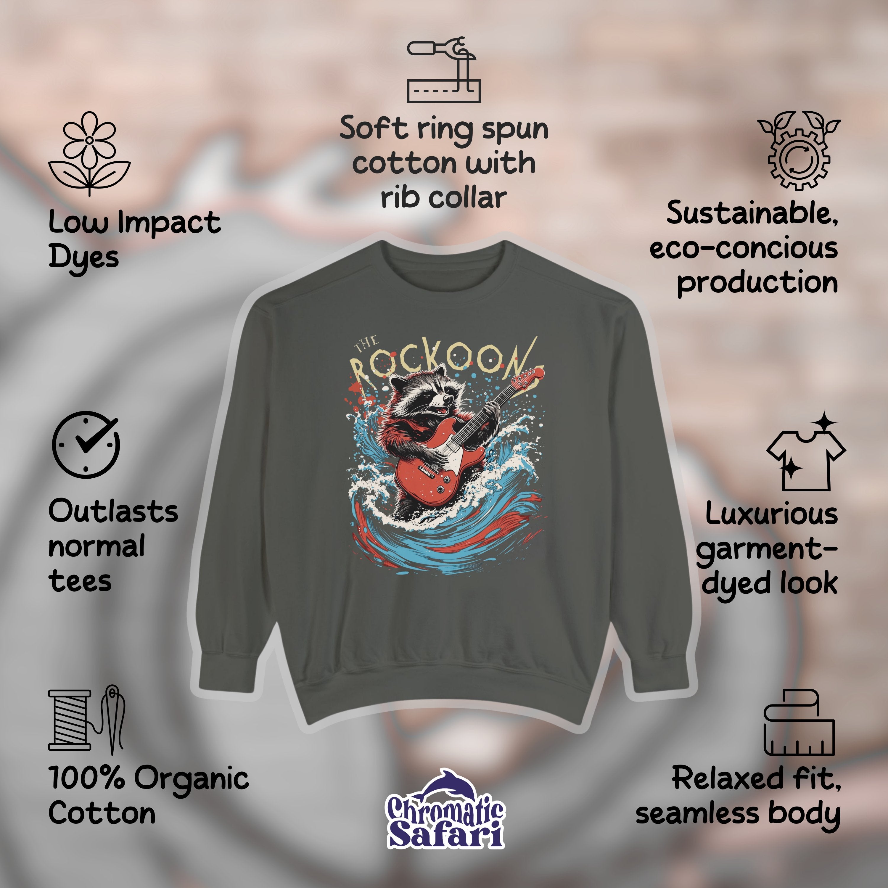 The Roccoon Rockstar Raccoon Bootleg Vintage Retro Graphic Sweatshirt, Fun Bootleg Band Shirt Pullover, Gift for Animla Lover, Gift For Him or Her - Sweatshirt - Chromatic Safari - Pepper - S