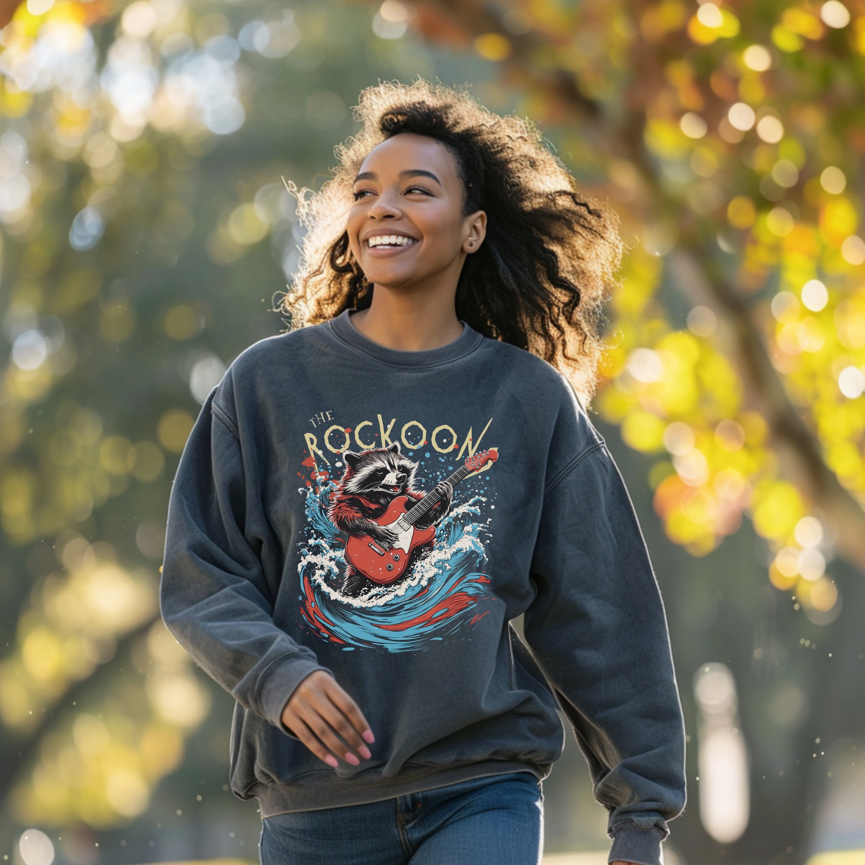 The Roccoon Rockstar Raccoon Bootleg Vintage Retro Graphic Sweatshirt, Fun Bootleg Band Shirt Pullover, Gift for Animla Lover, Gift For Him or Her - Sweatshirt - Chromatic Safari - Pepper - S