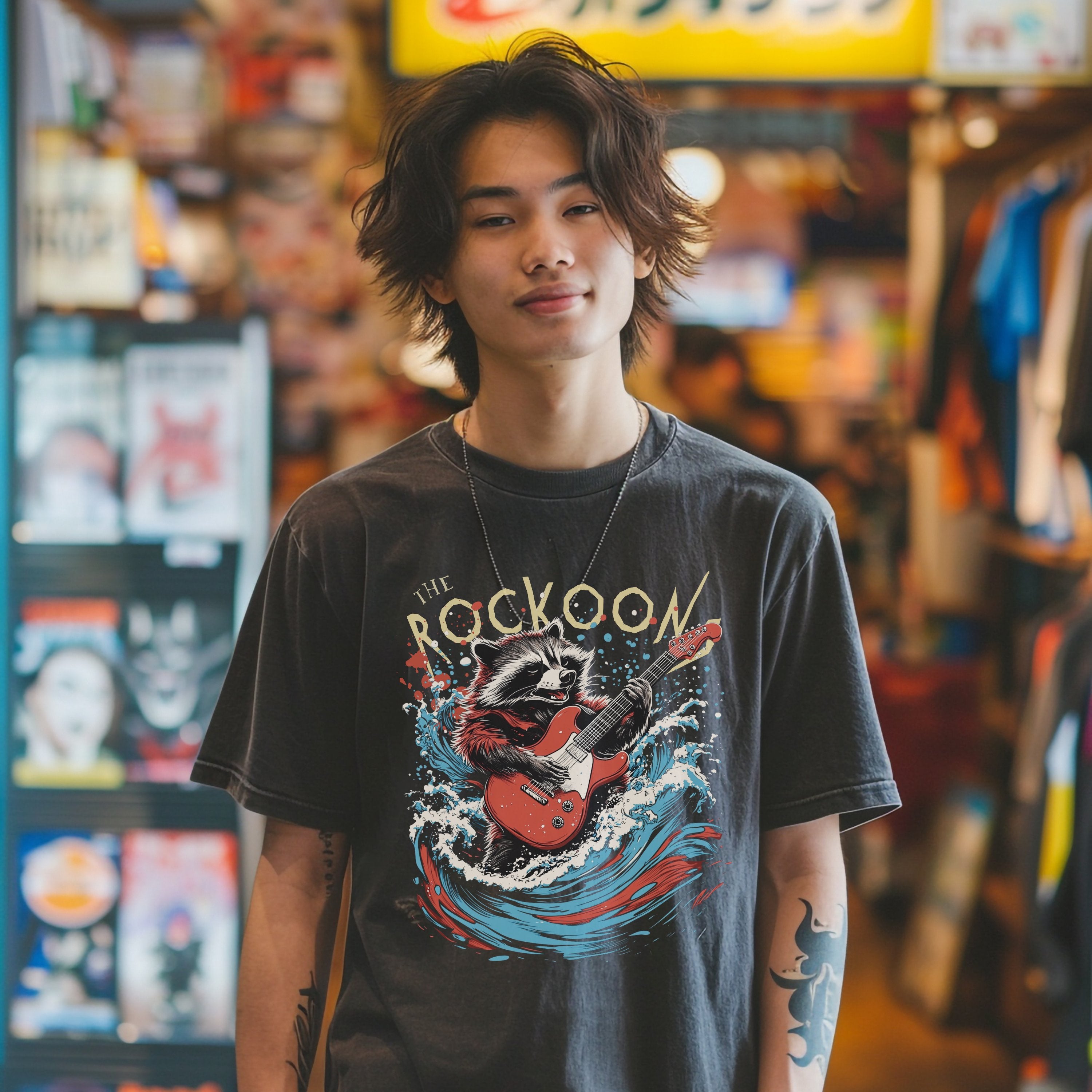 The Roccoon Rockstar Raccoon Bootleg Vintage Retro Graphic Tee, Fun Bootleg Band Shirt, Gift for Animla Lover, Gift For Him or Her - T-Shirt - Chromatic Safari - Pepper - S