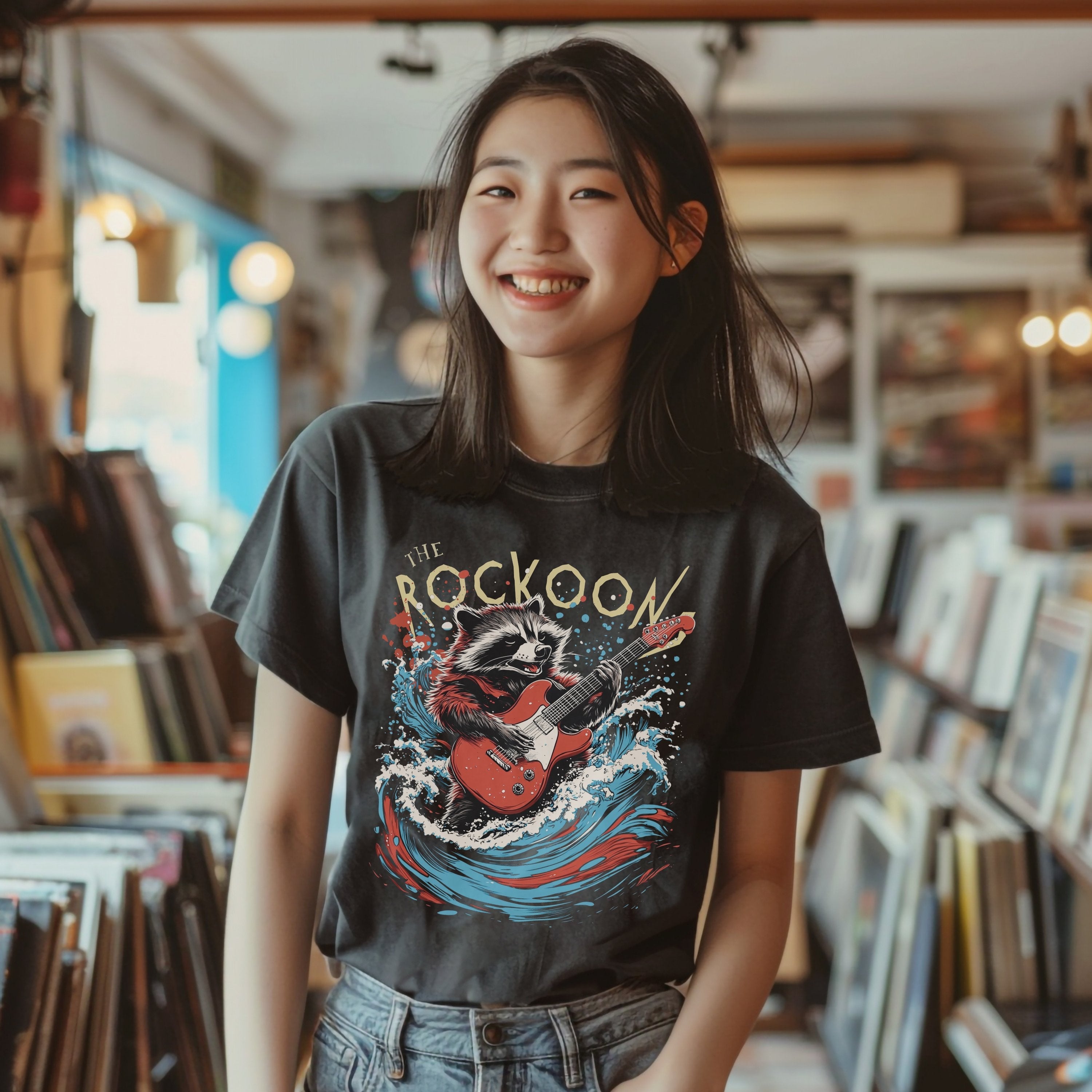 The Roccoon Rockstar Raccoon Bootleg Vintage Retro Graphic Tee, Fun Bootleg Band Shirt, Gift for Animla Lover, Gift For Him or Her - T-Shirt - Chromatic Safari - Pepper - S