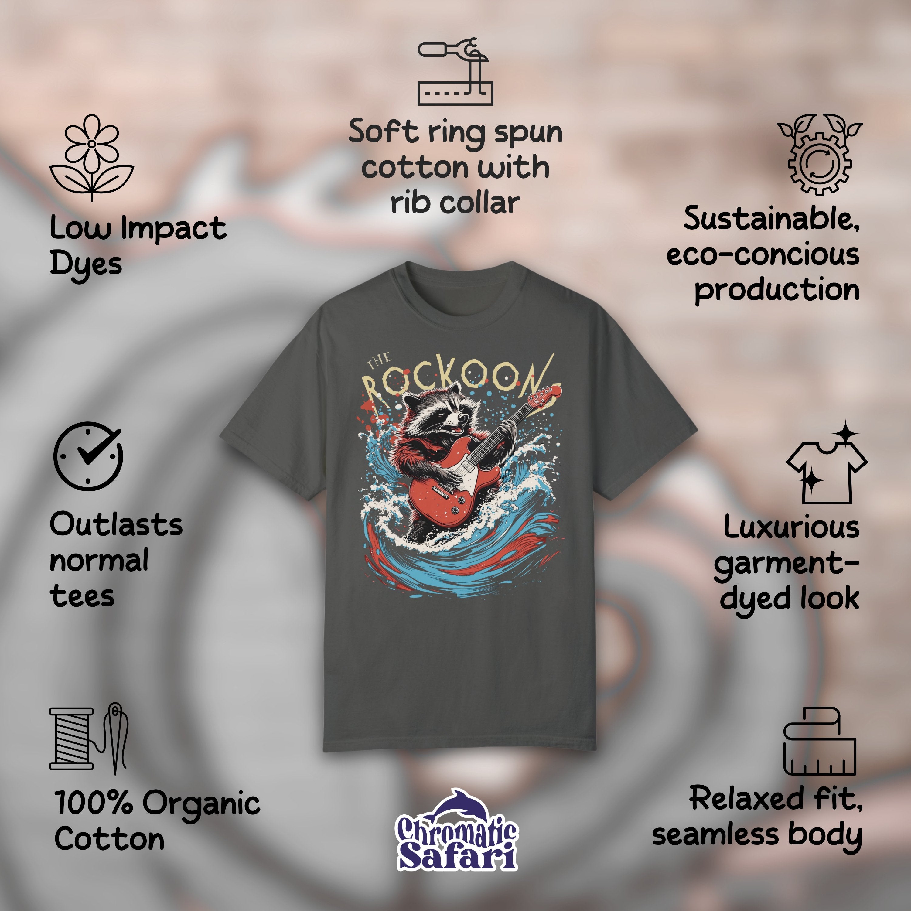 The Roccoon Rockstar Raccoon Bootleg Vintage Retro Graphic Tee, Fun Bootleg Band Shirt, Gift for Animla Lover, Gift For Him or Her - T-Shirt - Chromatic Safari - Pepper - S