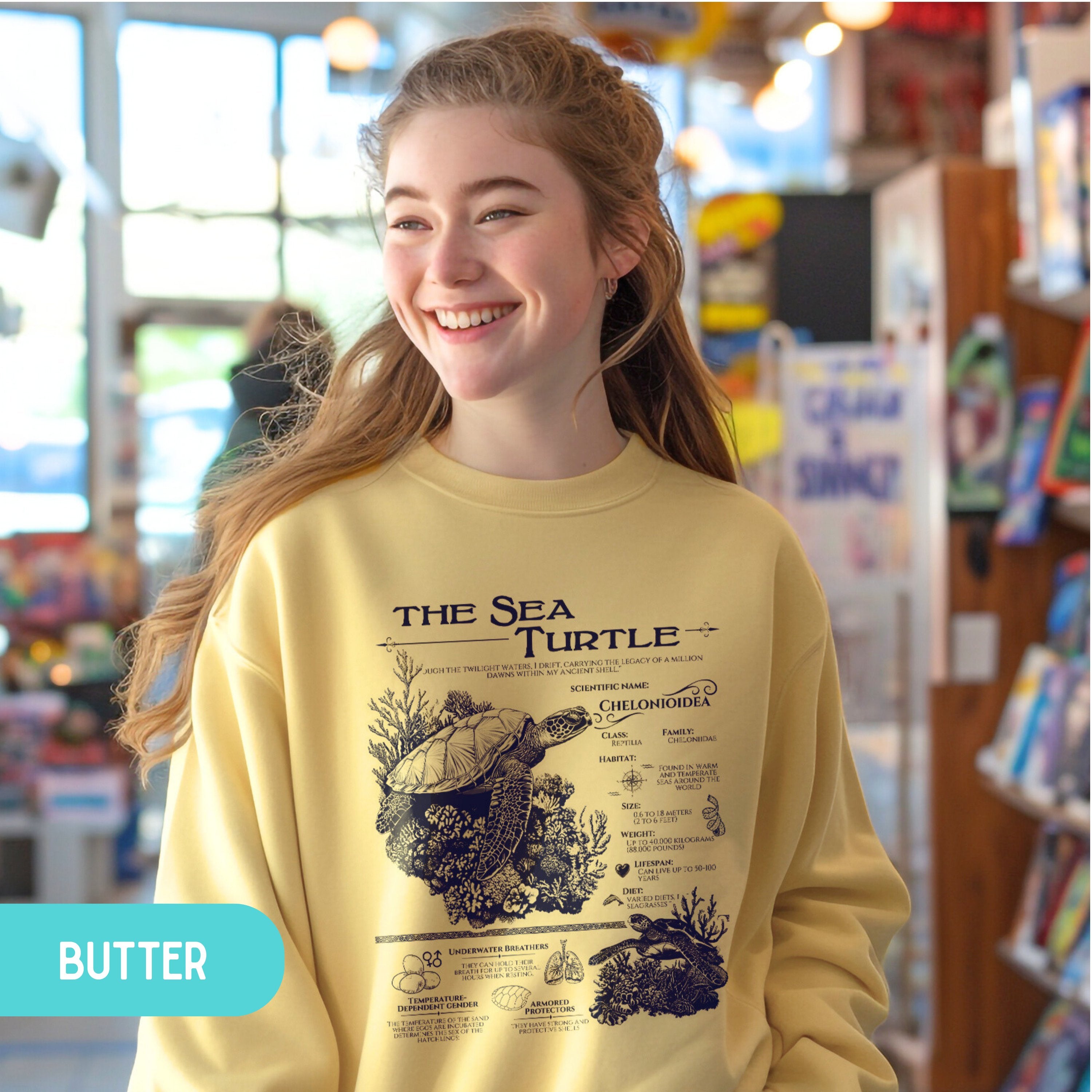 The Sea Turtle Comfort Colors Anatomy Shirt Pullover, Marine Animals Vintage Sweatshirt, Sea Turtle Gifts - Sweatshirt - Chromatic Safari - Butter - S