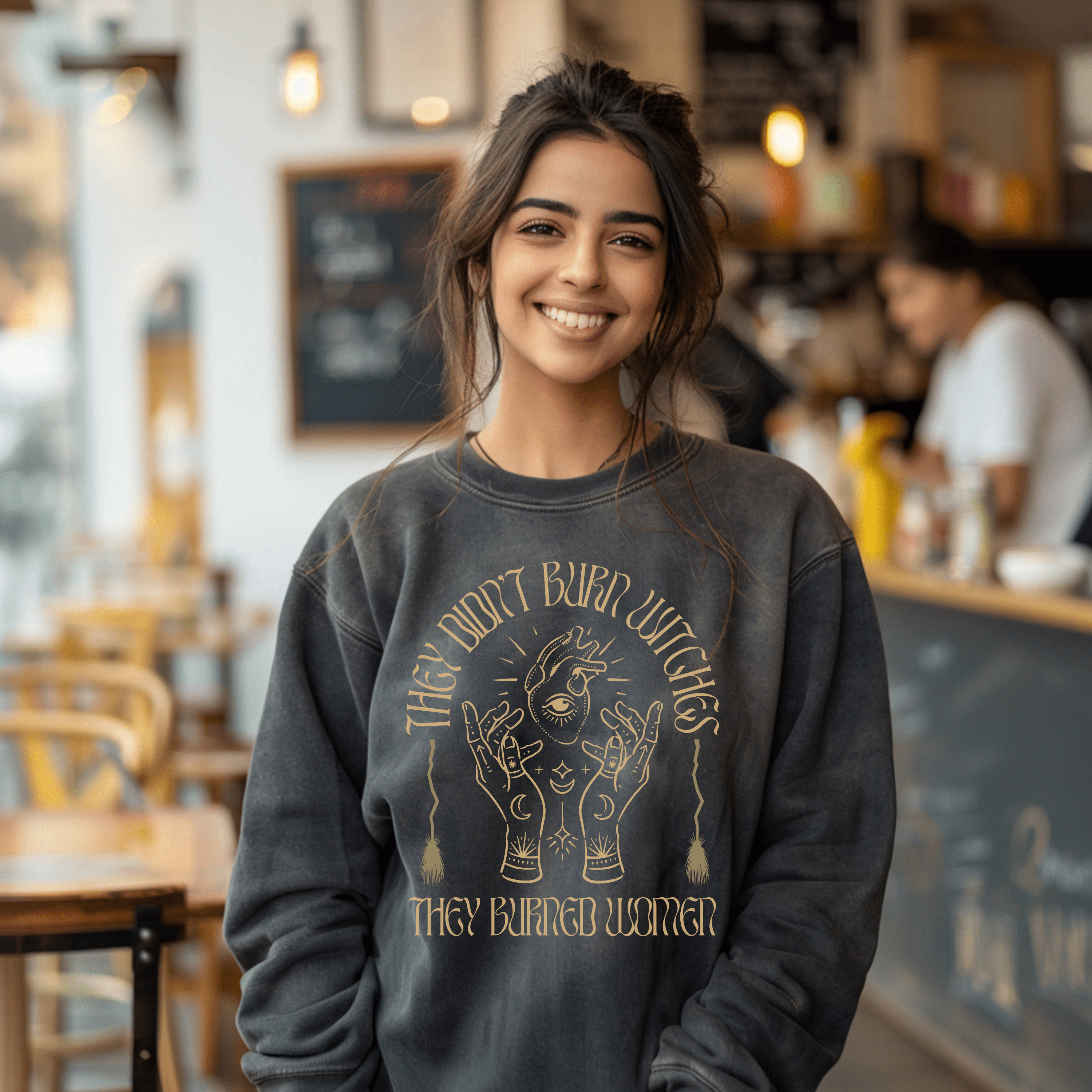 They Didn’t Burn Witches Sweatshirt, They Burned Women, Womens Rights Awareness Sweatshirt, Feminist Witch Shirt, Gift For Her or Activist - Sweatshirt - Chromatic Safari - Charcoal - S