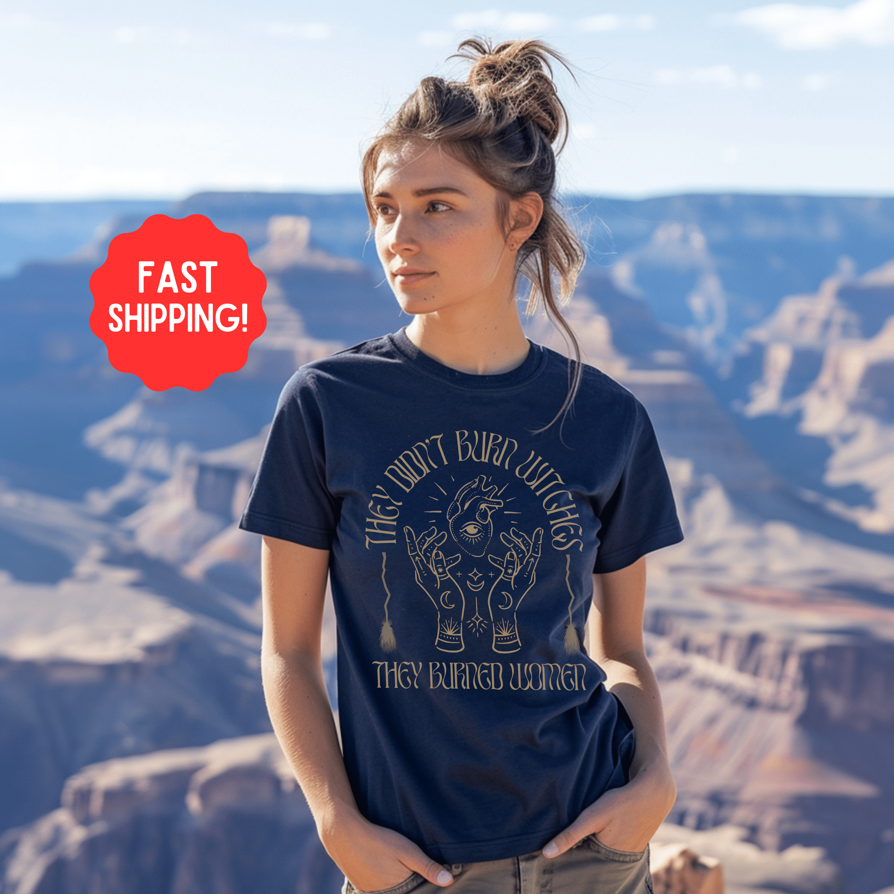 They Didn’t Burn Witches T-shirt, They Burned Women, Womens Rights Awareness Tee, Feminist Witch Shirt, Gift For Her or Activist - T-Shirt - Chromatic Safari - True Navy - S